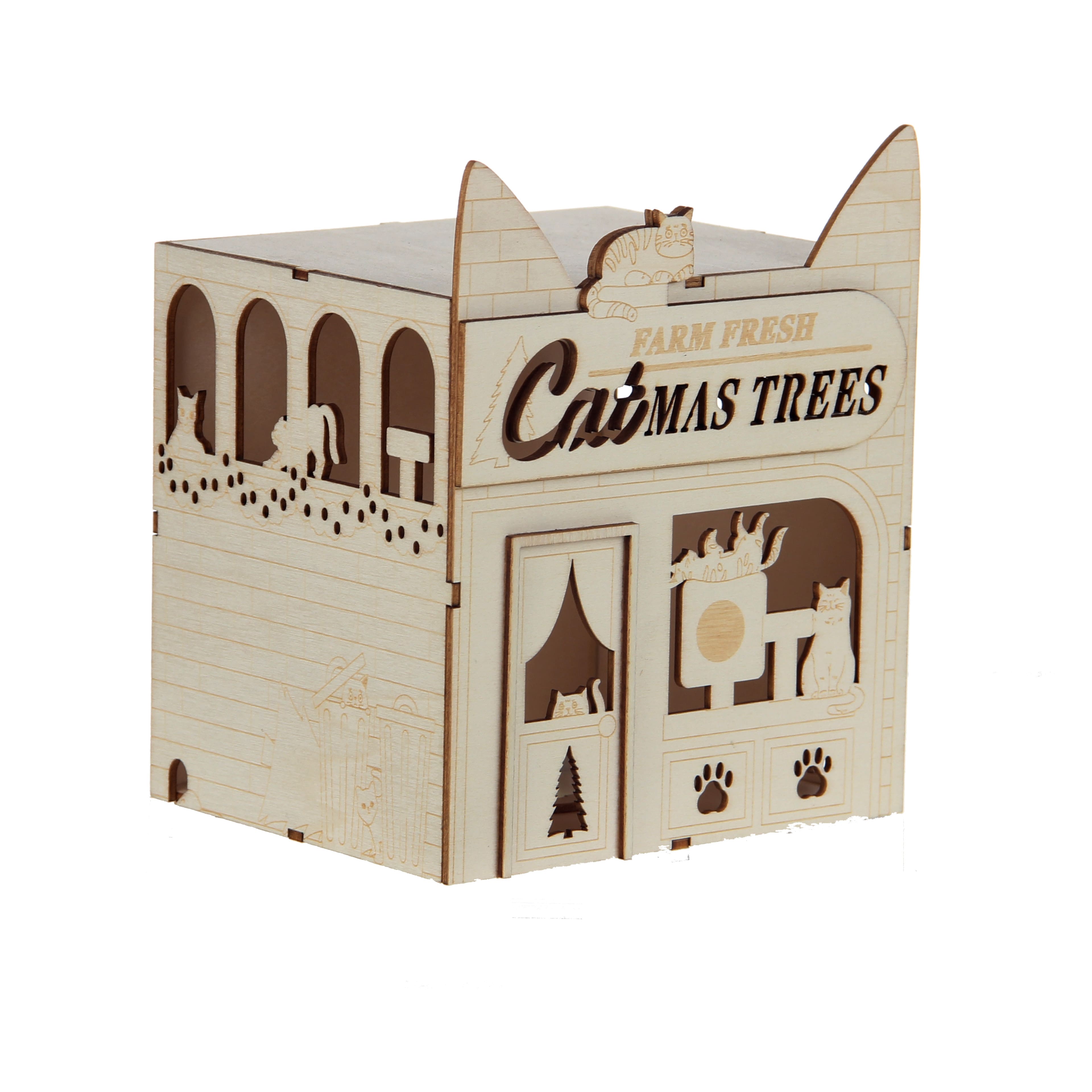 7&#x22; DIY Villages Cat-Mas LED Wood D&#xE9;cor by Make Market&#xAE;