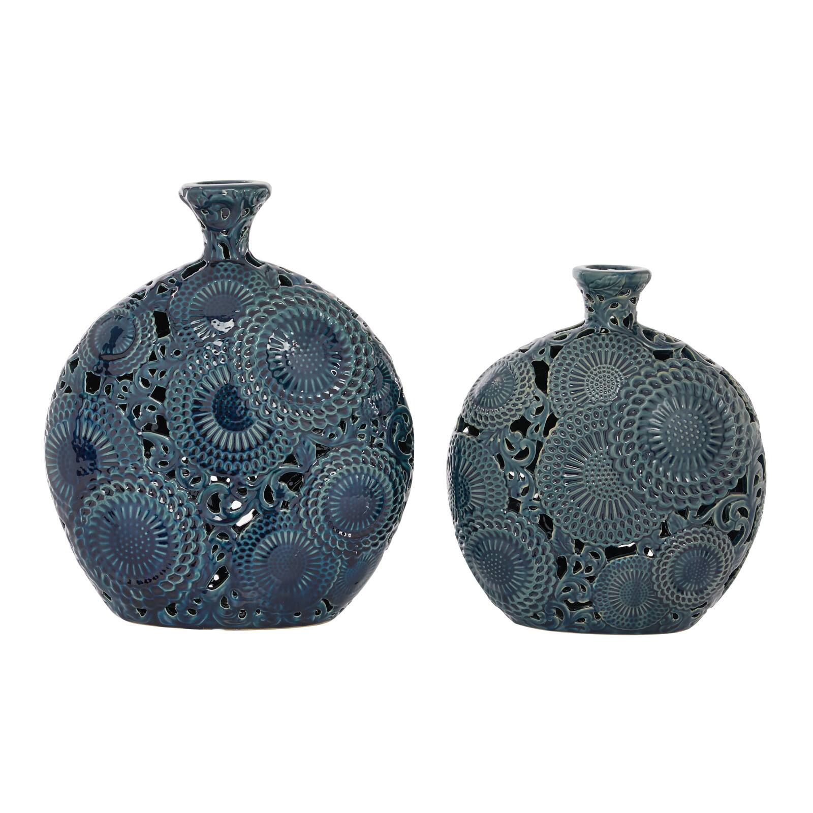 Set of 2 Blue Stoneware Eclectic Vase, 16", 13"