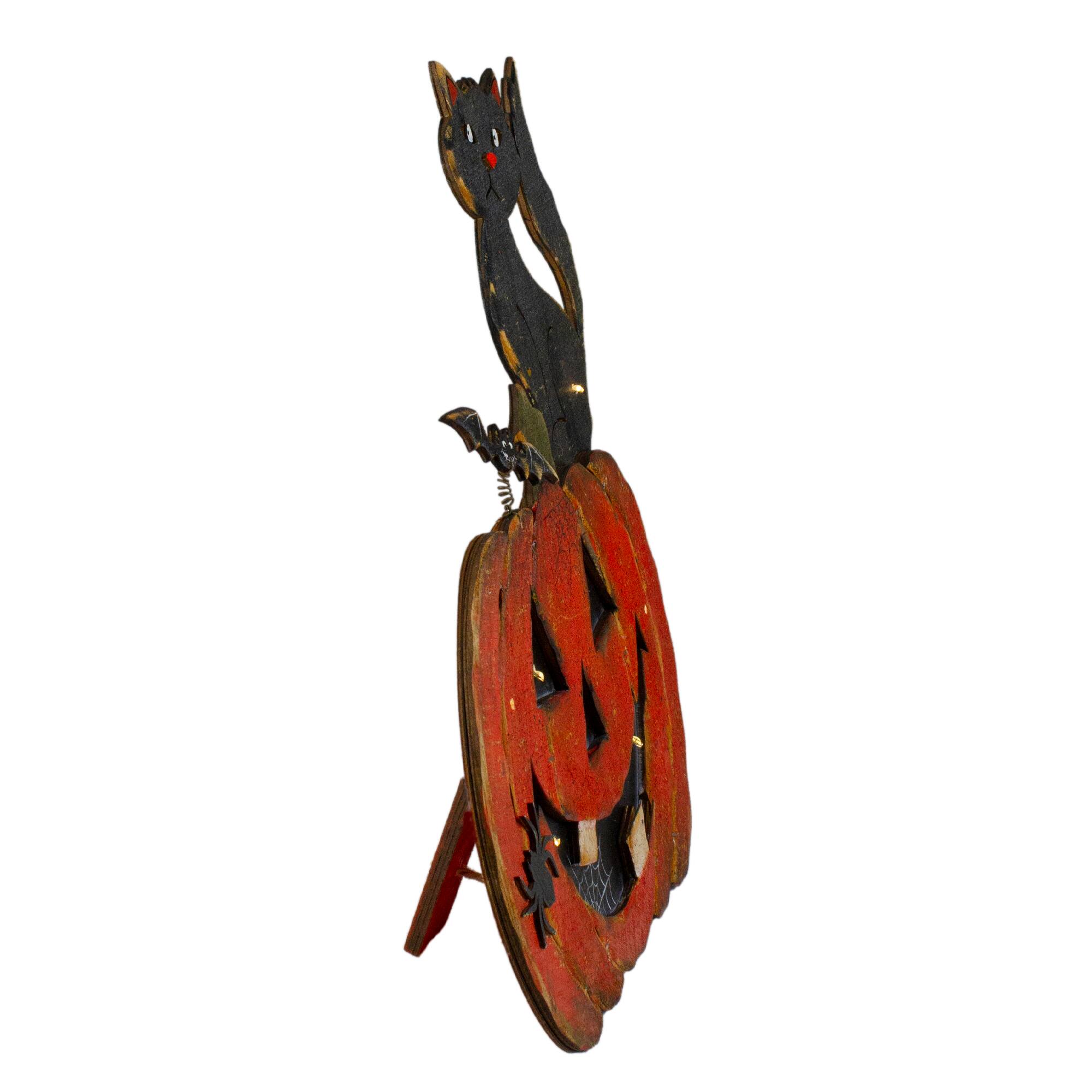 14&#x22; Lighted Orange &#x26; Black Smiling Pumpkin Halloween Tabletop Decor