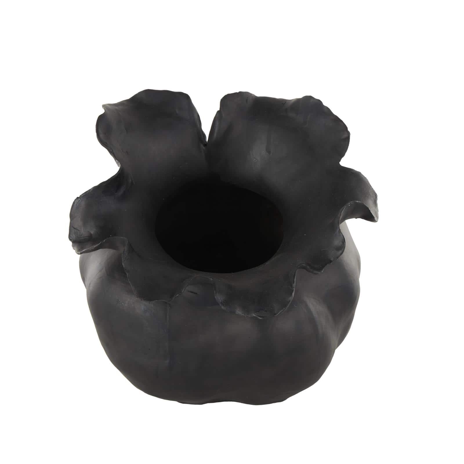 8.75&#x22; Black Ceramic Abstract Wide Rounded Floral Shaped Decorative Vase with Petal Rim