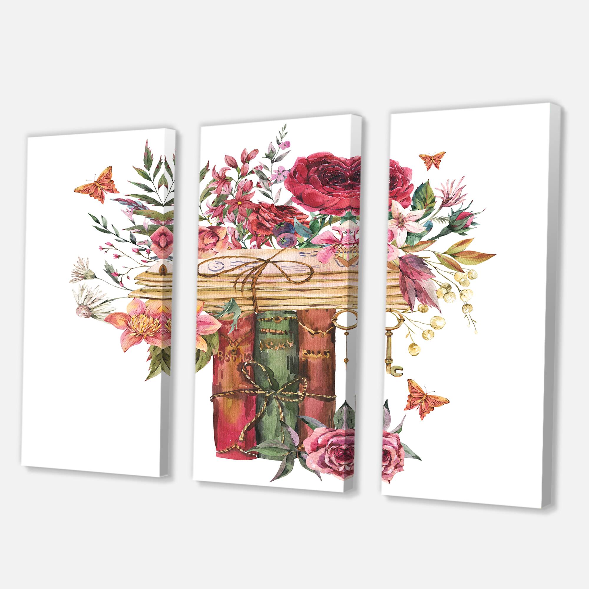 Designart - Vintage Old Books With Wildflowers - Farmhouse Canvas Wall Art Print
