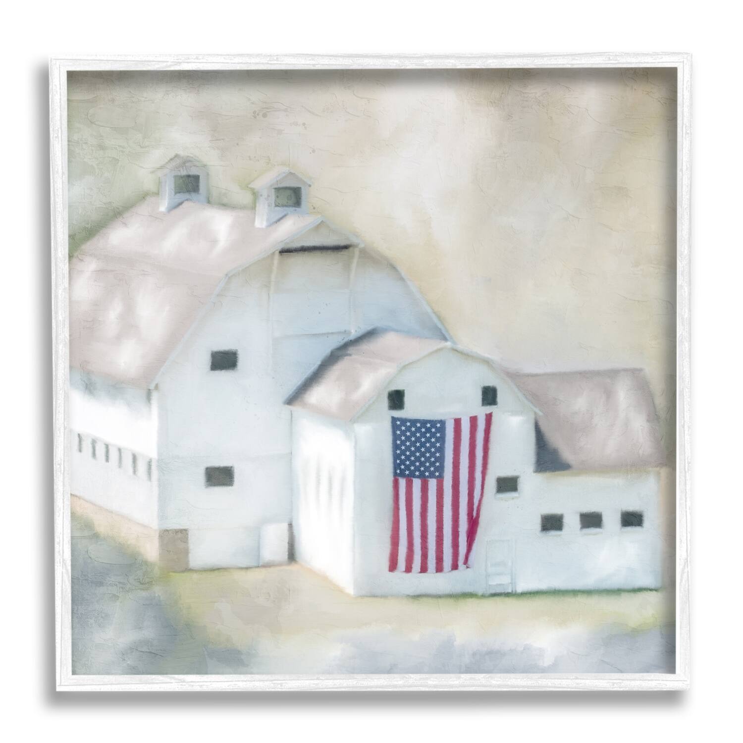 Stupell Industries American Flag White Farmhouse Barn Rural Countryside Framed Giclee Art