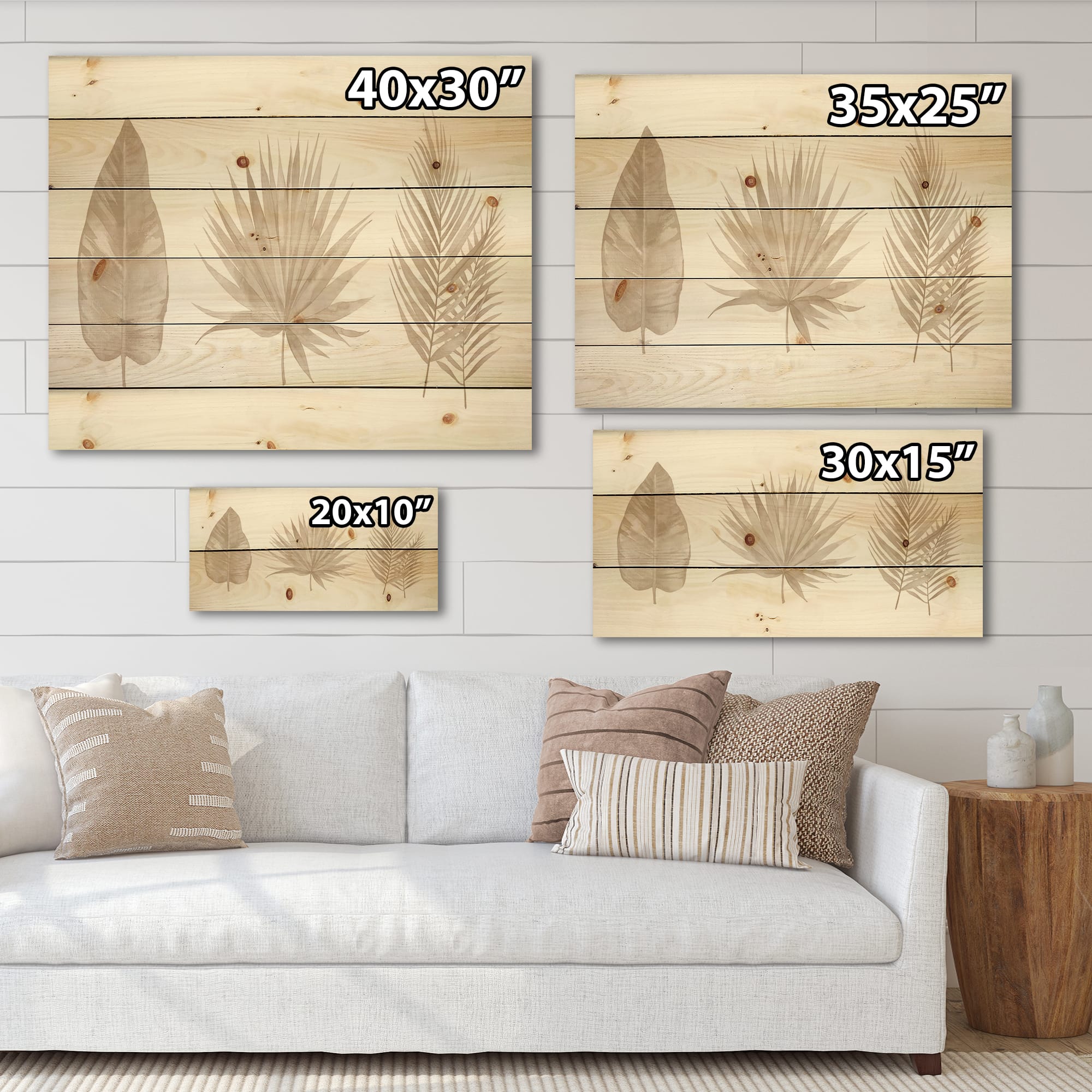 Designart - Tropical Beiges Leaves - Traditional Print on Natural Pine Wood
