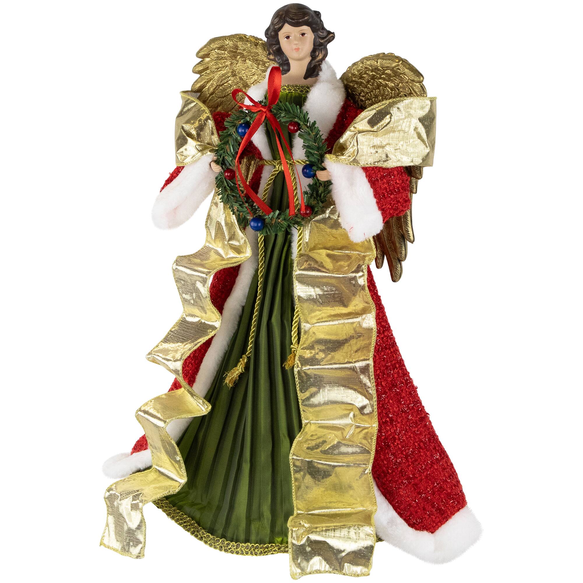 18" Unlit Red and Green Angel with Wreath Christmas Tree Topper