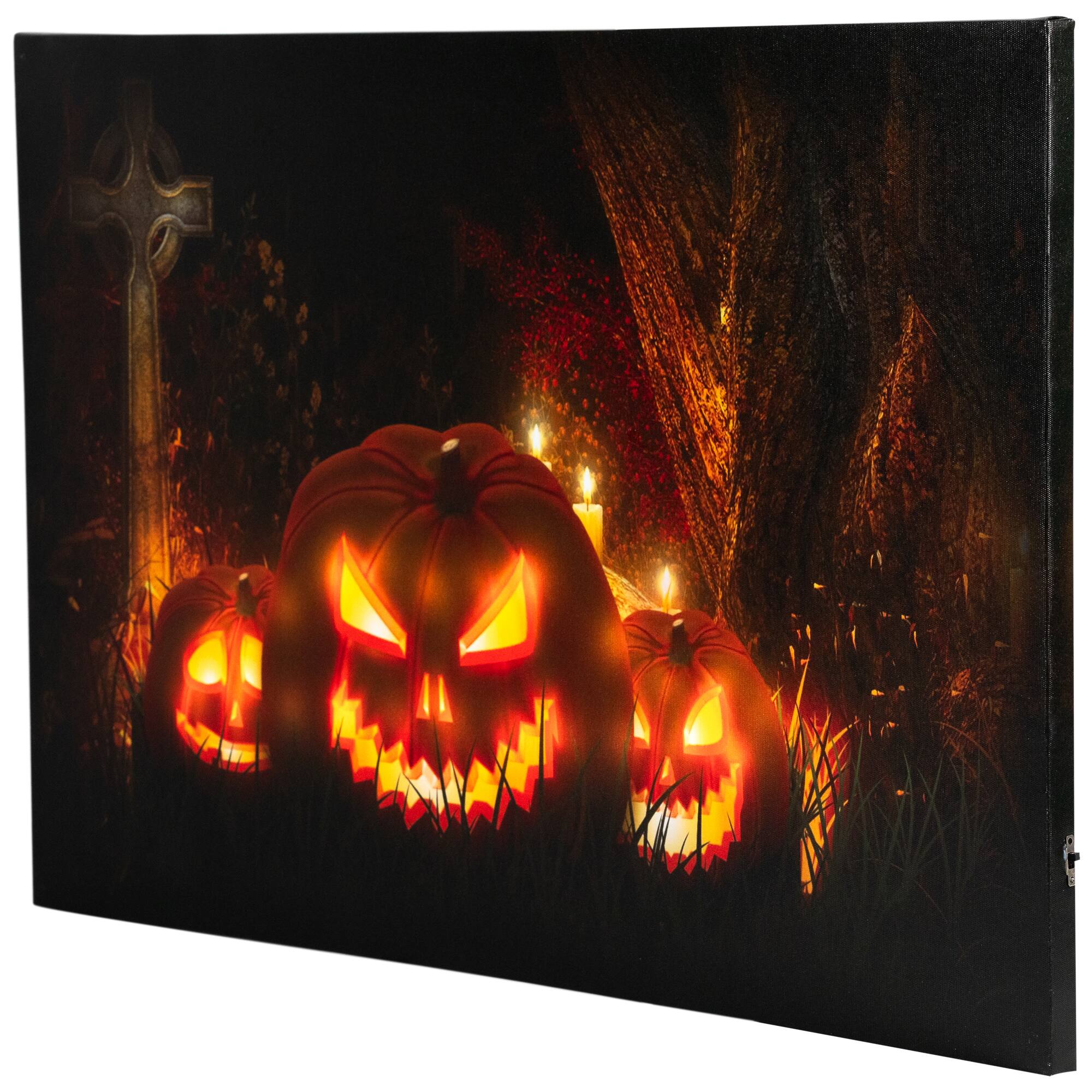 LED Lighted Jack-O-Lanterns in a Cemetery Halloween Canvas Wall Art