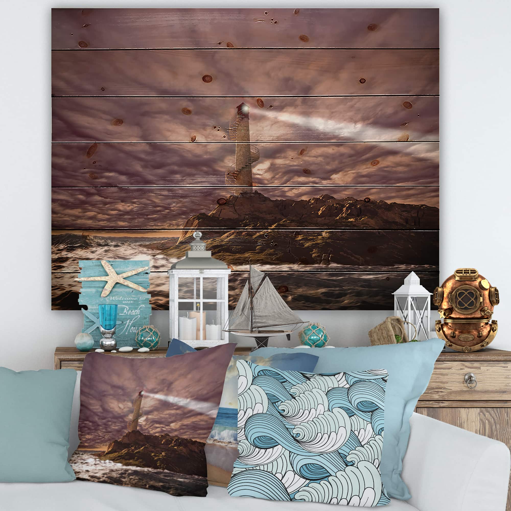 Designart - Lighthouse Shining Light During Stormy Night I - Nautical &#x26; Coastal Print on Natural Pine Wood