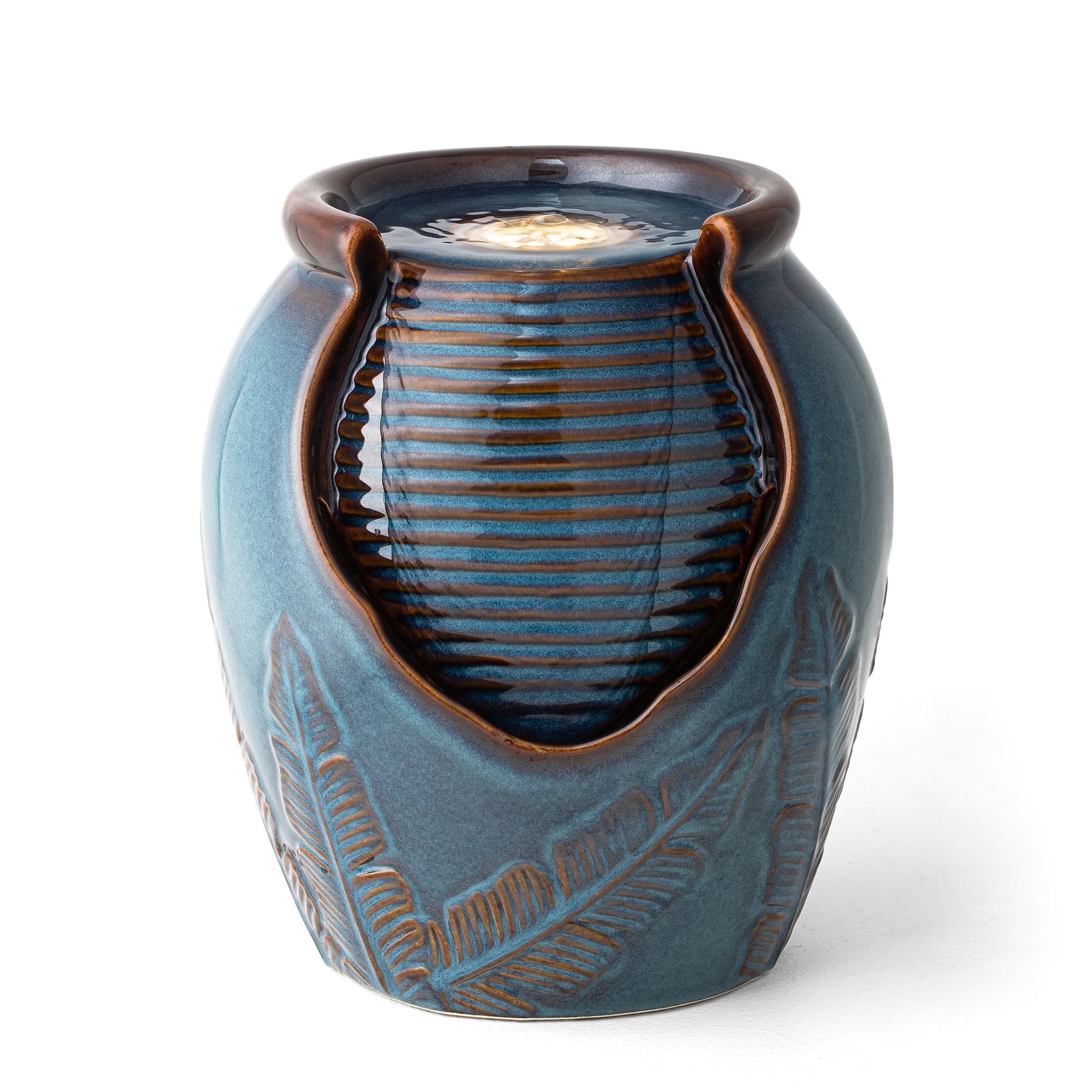 Glitzhome&#xAE; 9.25&#x22; LED Turquoise Leaf Textured Ceramic Jar Tabletop Fountain