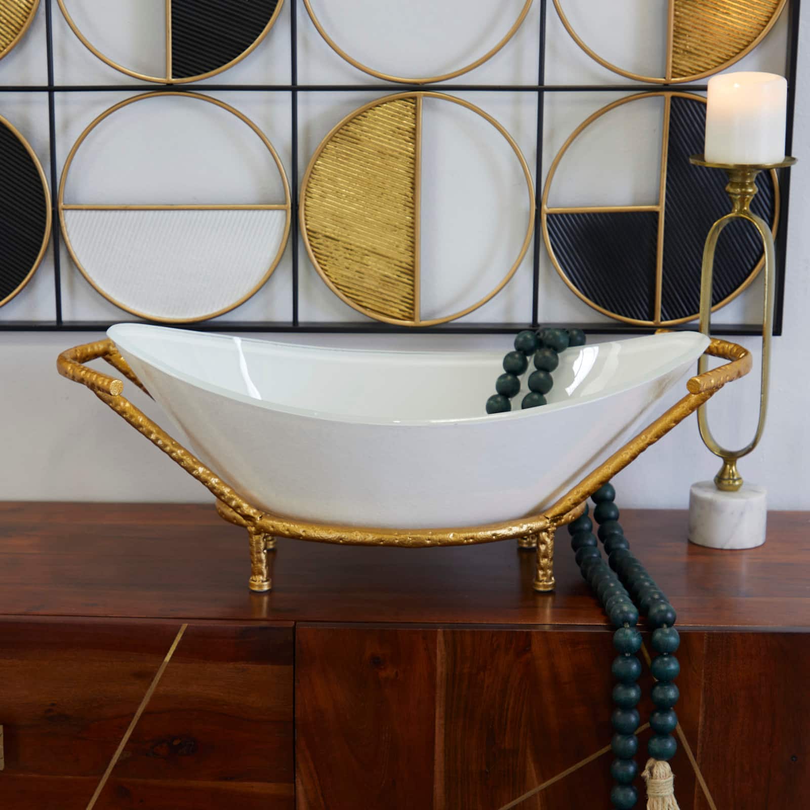 CosmoLiving by Cosmopolitan 25&#x22; White Glass Kitchen Serving Bowl with Gold Metal Stand
