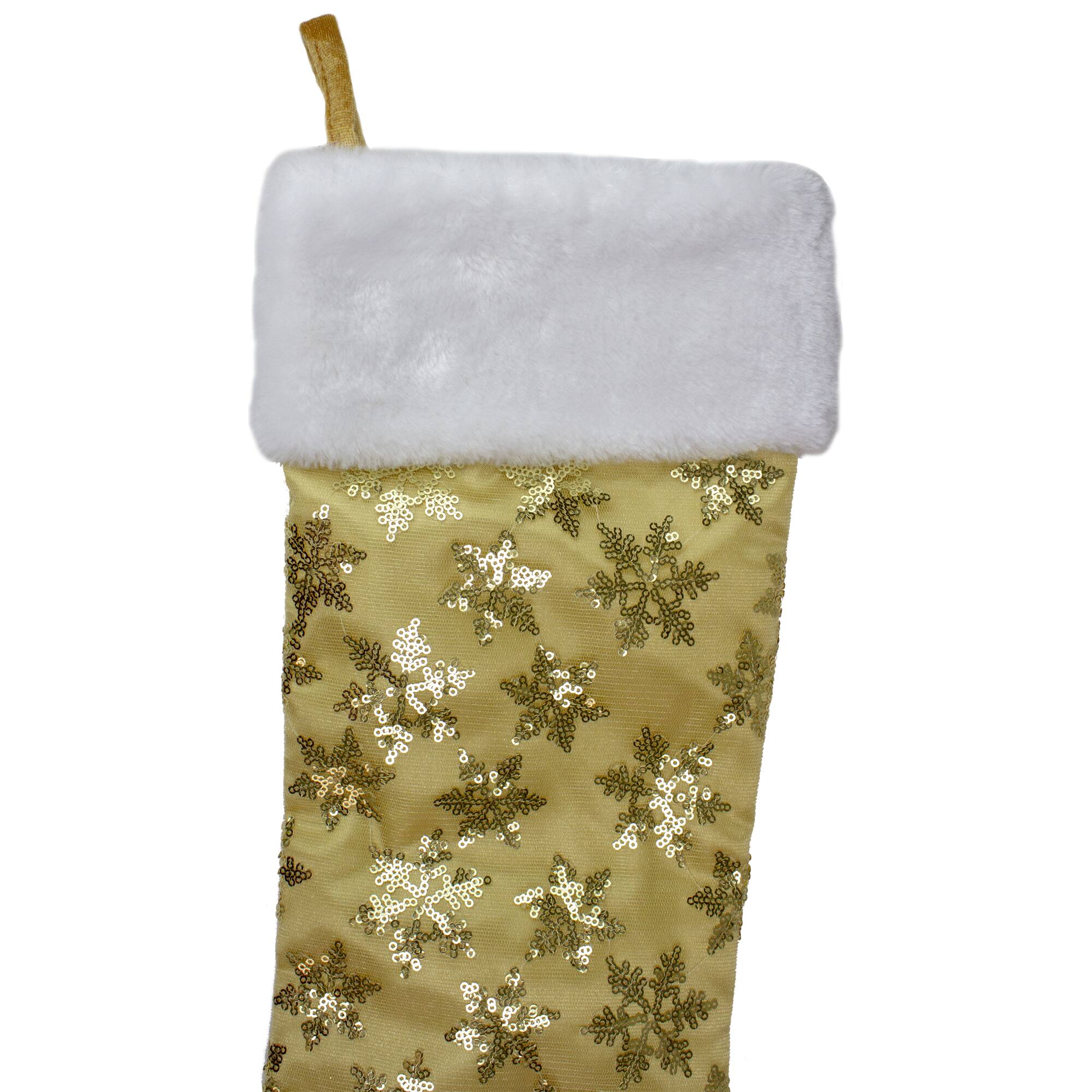 20.5" Sequin Snowflake Stocking with White Faux Fur Cuff, Gold