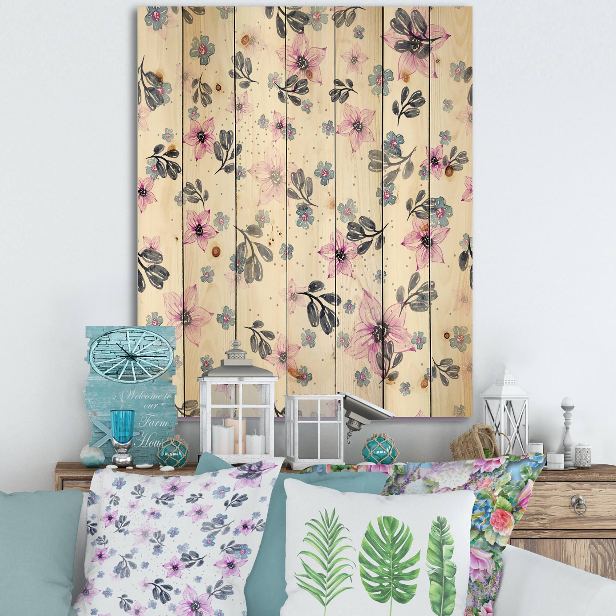 Designart - Pink Flowers and Petals - Traditional Print on Natural Pine Wood