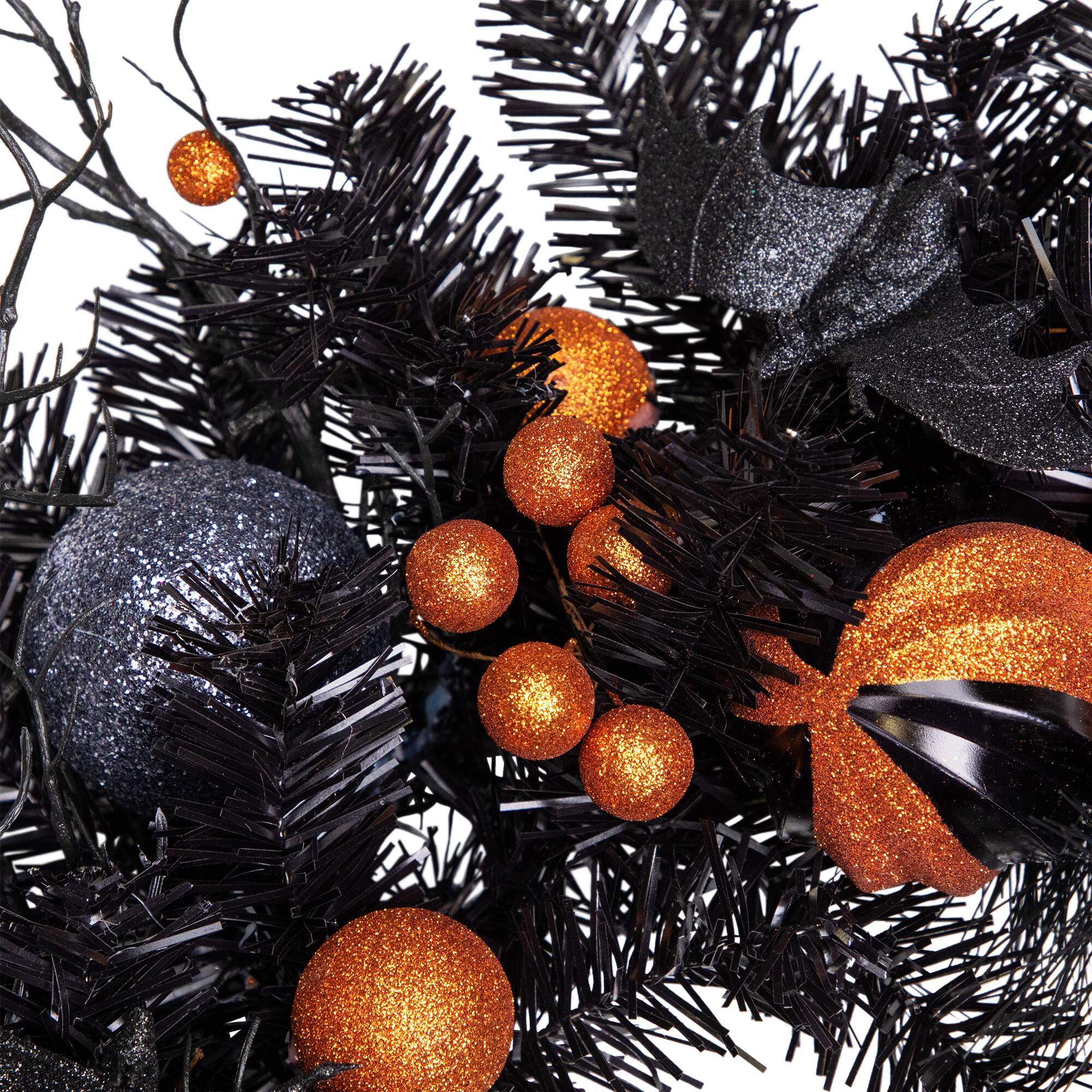 24'' Unlit Orange Ornaments and Ghost Halloween Pine Wreath