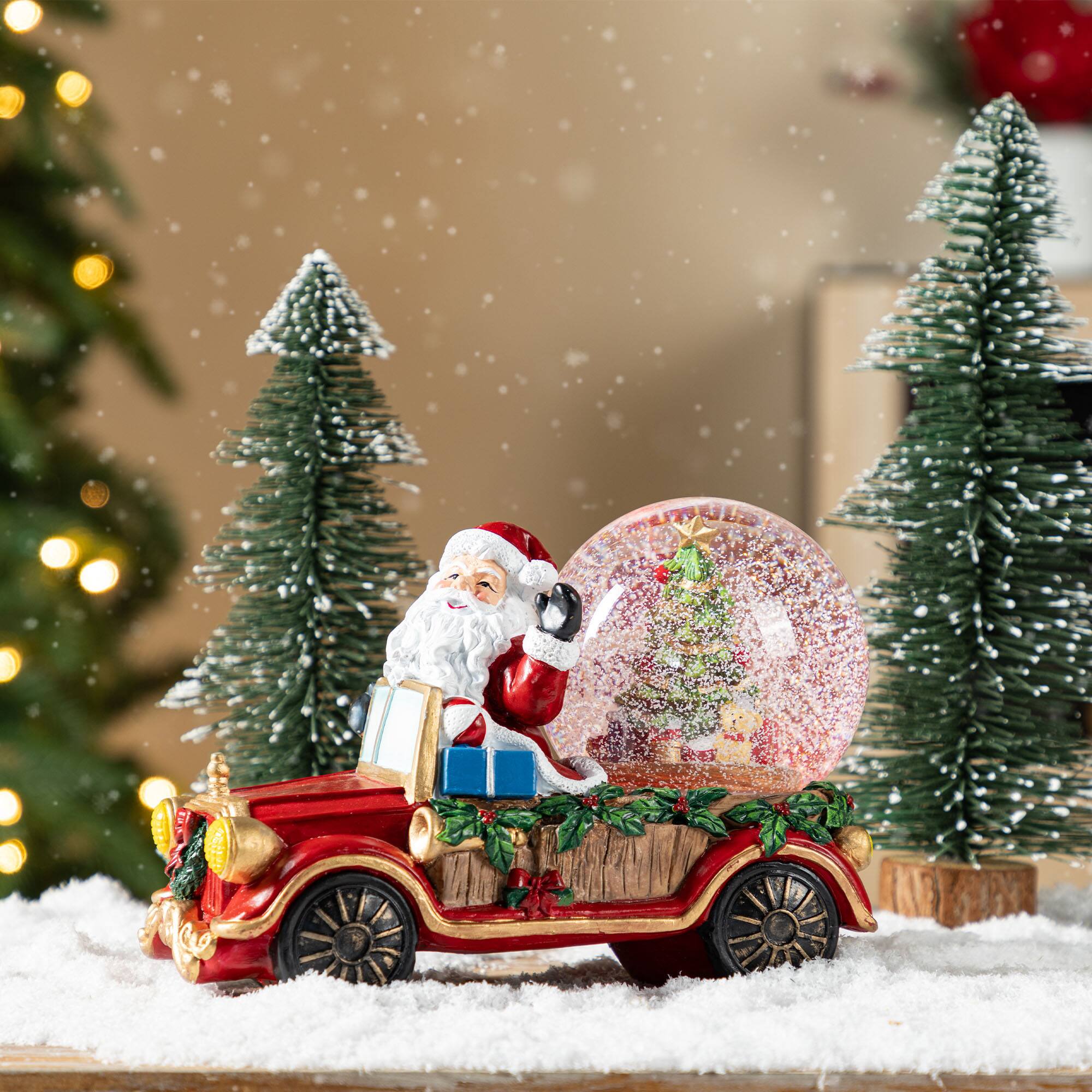 Glitzhome® 100mm Christmas Resin Lighted Musical Snowflakes Santa Car Waterglobe