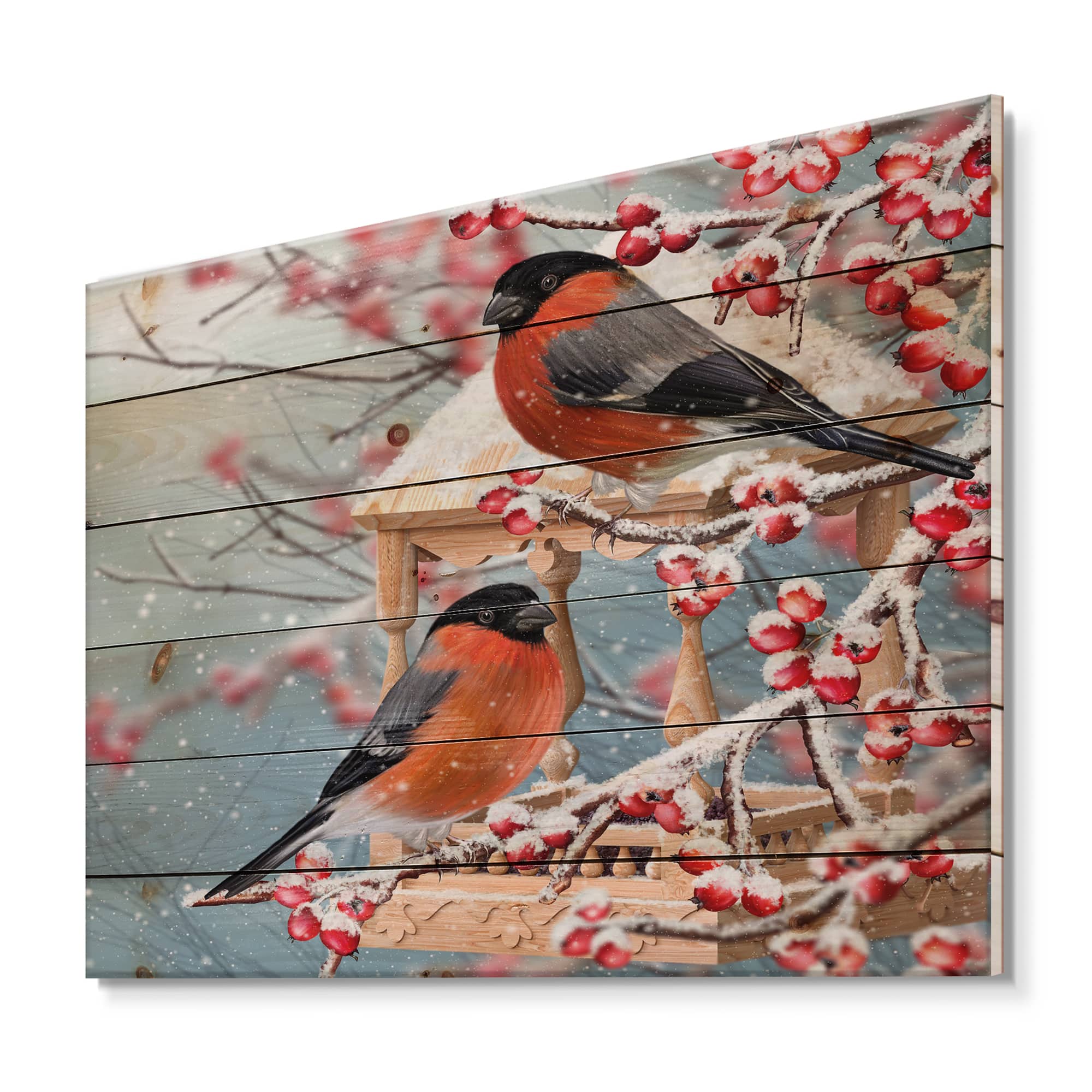 Designart - Two Tits Sit On A Snow-Covered Branch - Traditional Print on Natural Pine Wood