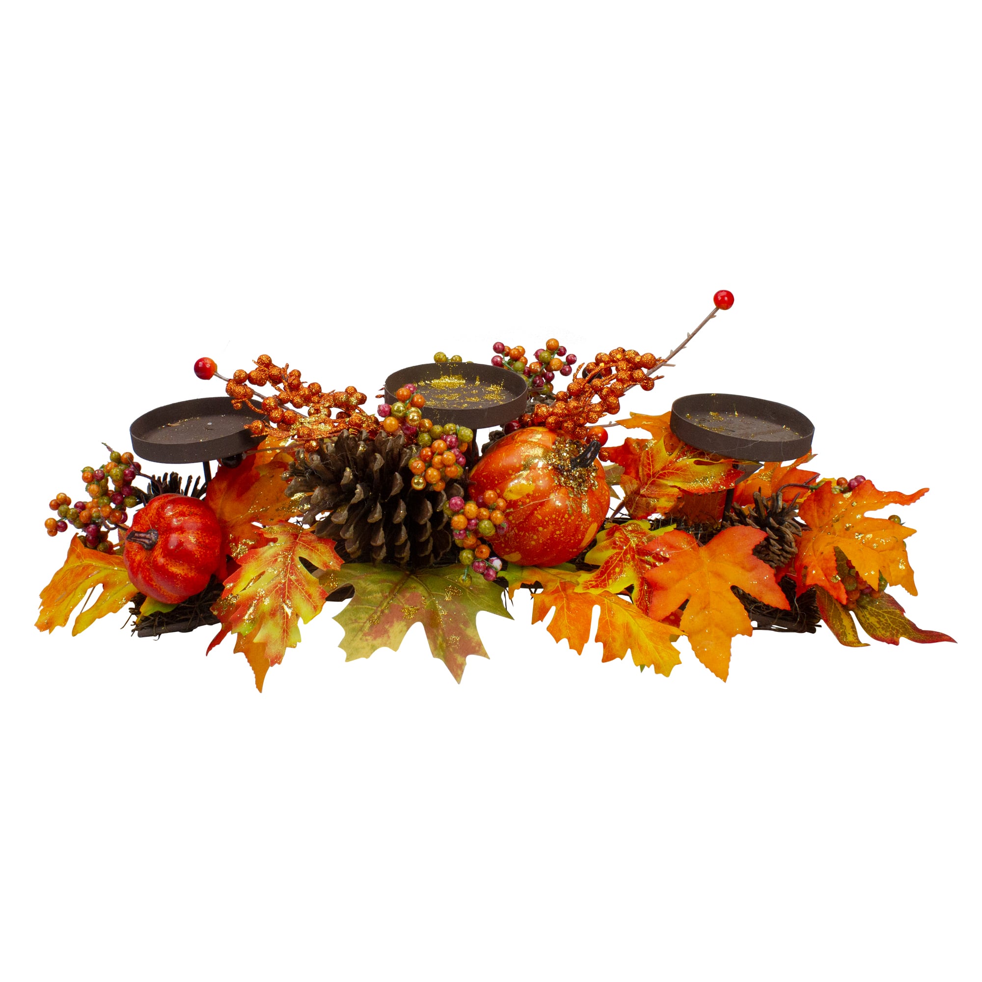 21&#x22; Orange Fall Harvest Leaves &#x26; Pumpkins Candle Holder