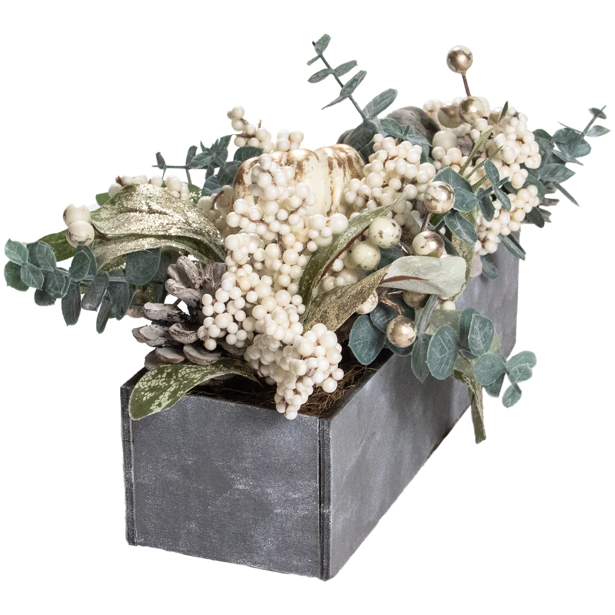 12&#x22; Gray &#x26; Gold Pumpkin &#x26; Leaf Floral Arrangement