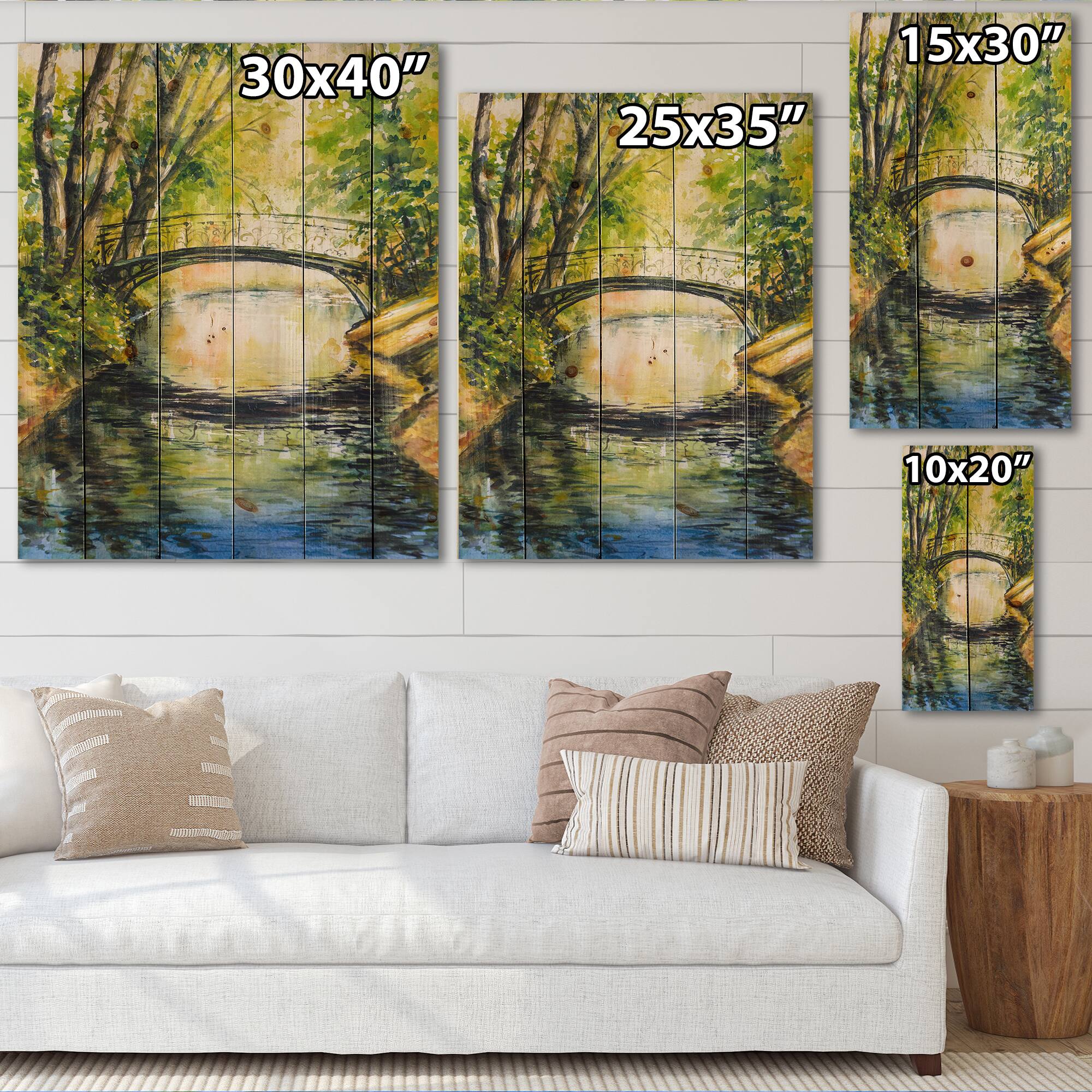 Designart - Bridge Over Troubled Water In Forest Park - Lake House Print on Natural Pine Wood