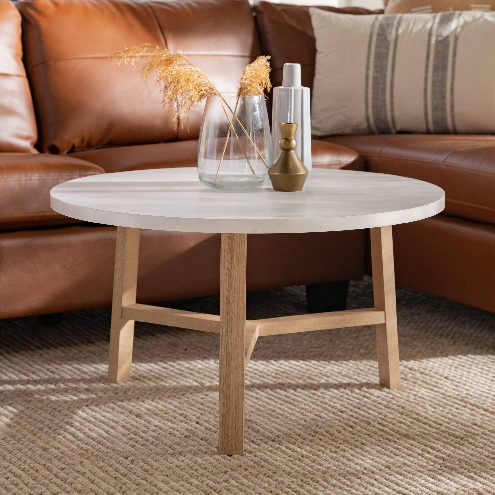 Faux White Marble &#x26; Light Oak Mid Century Modern Round Coffee Table