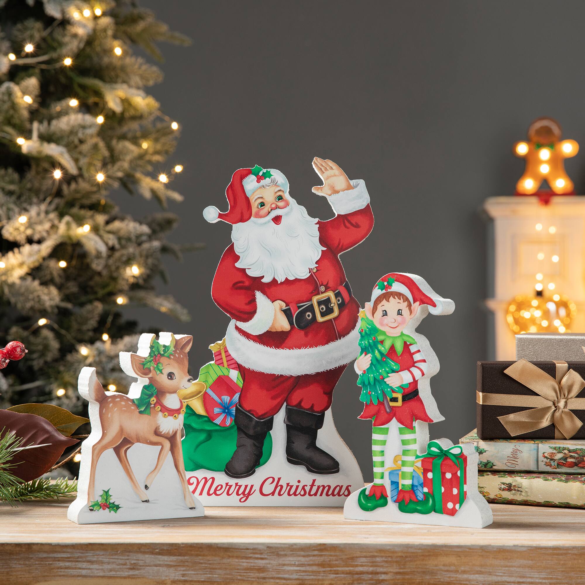 Glitzhome&#xAE; Wooden Christmas Santa, Elf &#x26; Reindeer Table D&#xE9;cor Set
