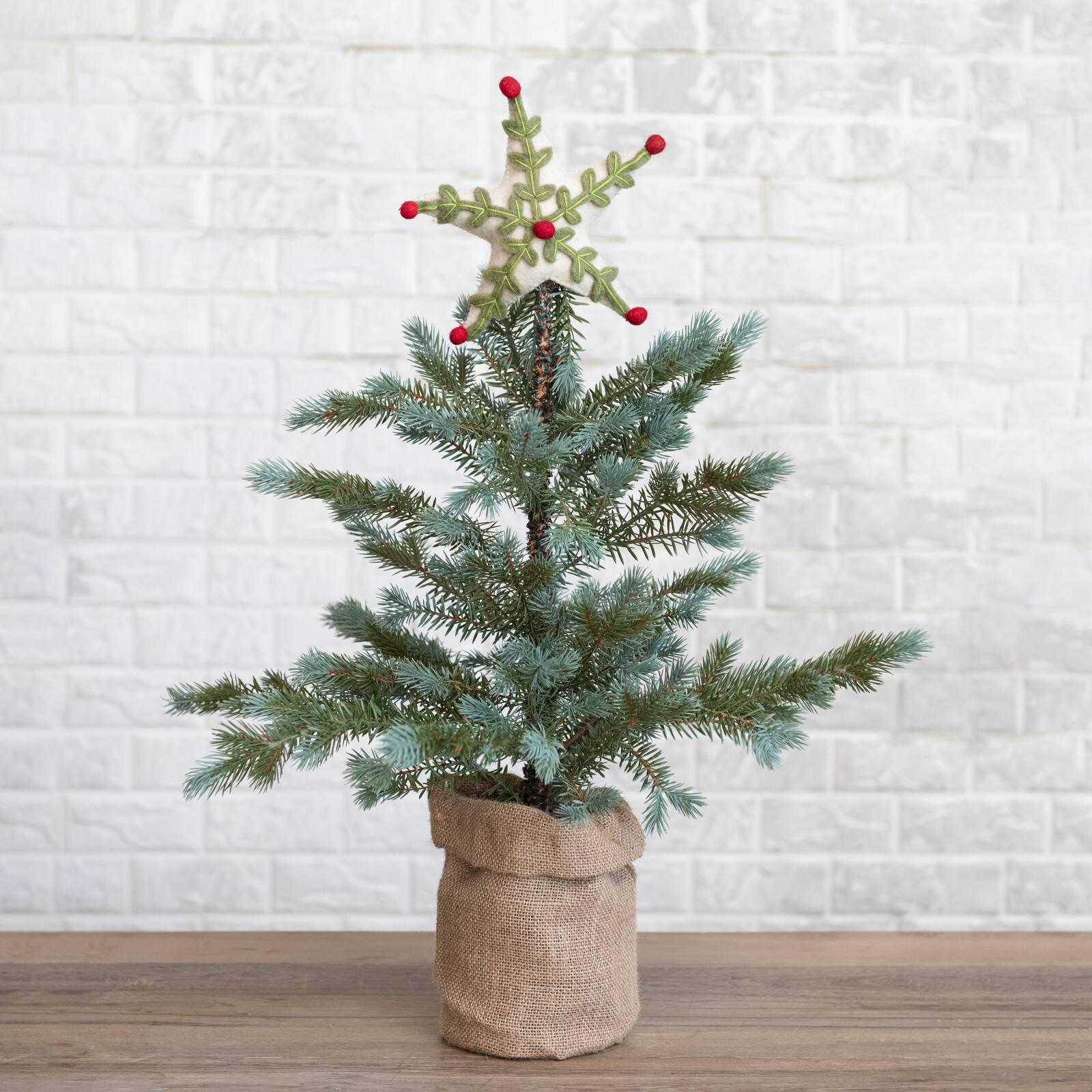 Hello Honey&#xAE; 8&#x22; Handmade Wool Felt Star Tree Topper with Holly Leaves, Berries &#x26; Embroidery