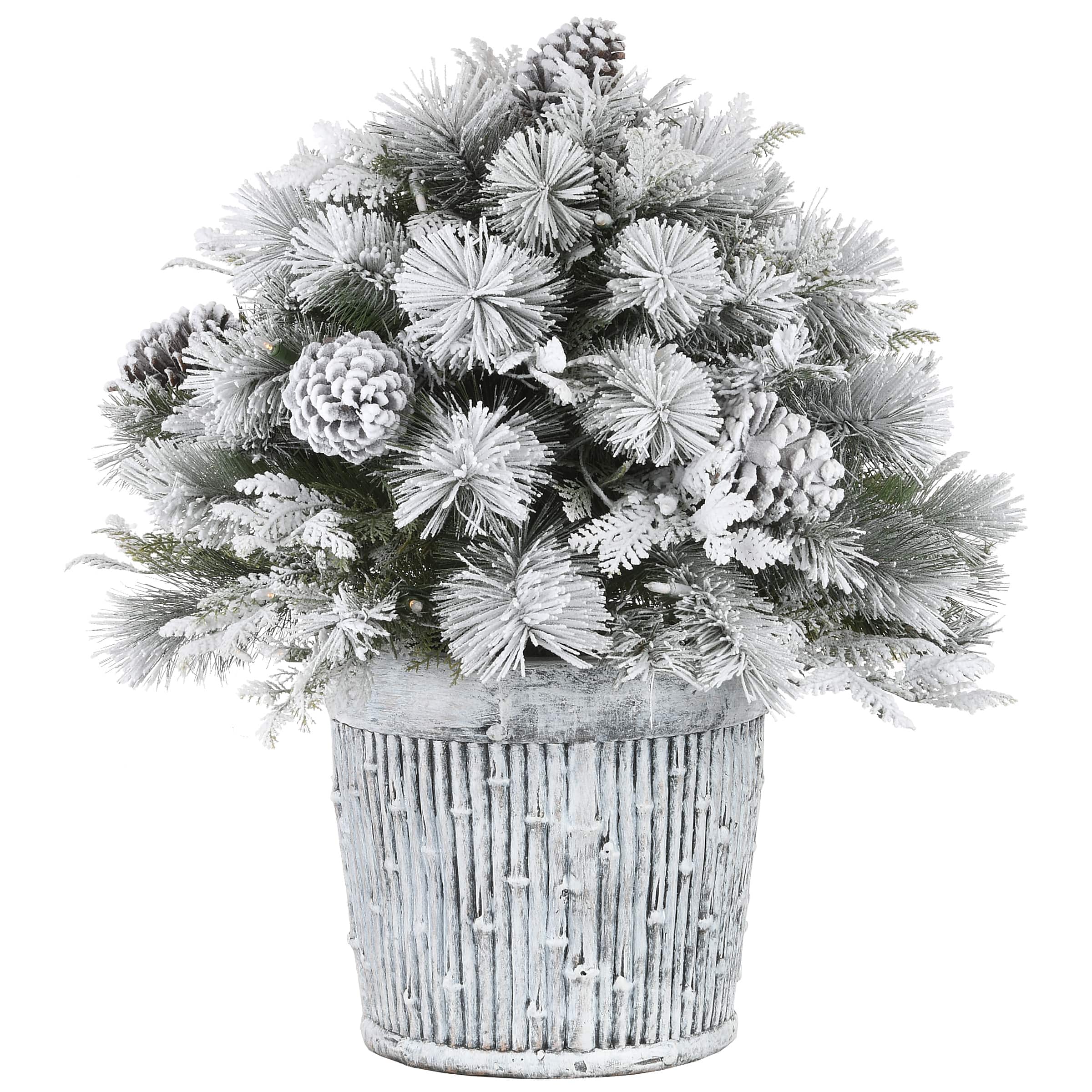 22" Pre-Lit Flocked Chiwawa Basin Pine Tree With Pinecones In Gray Pot, Clear LED Lights