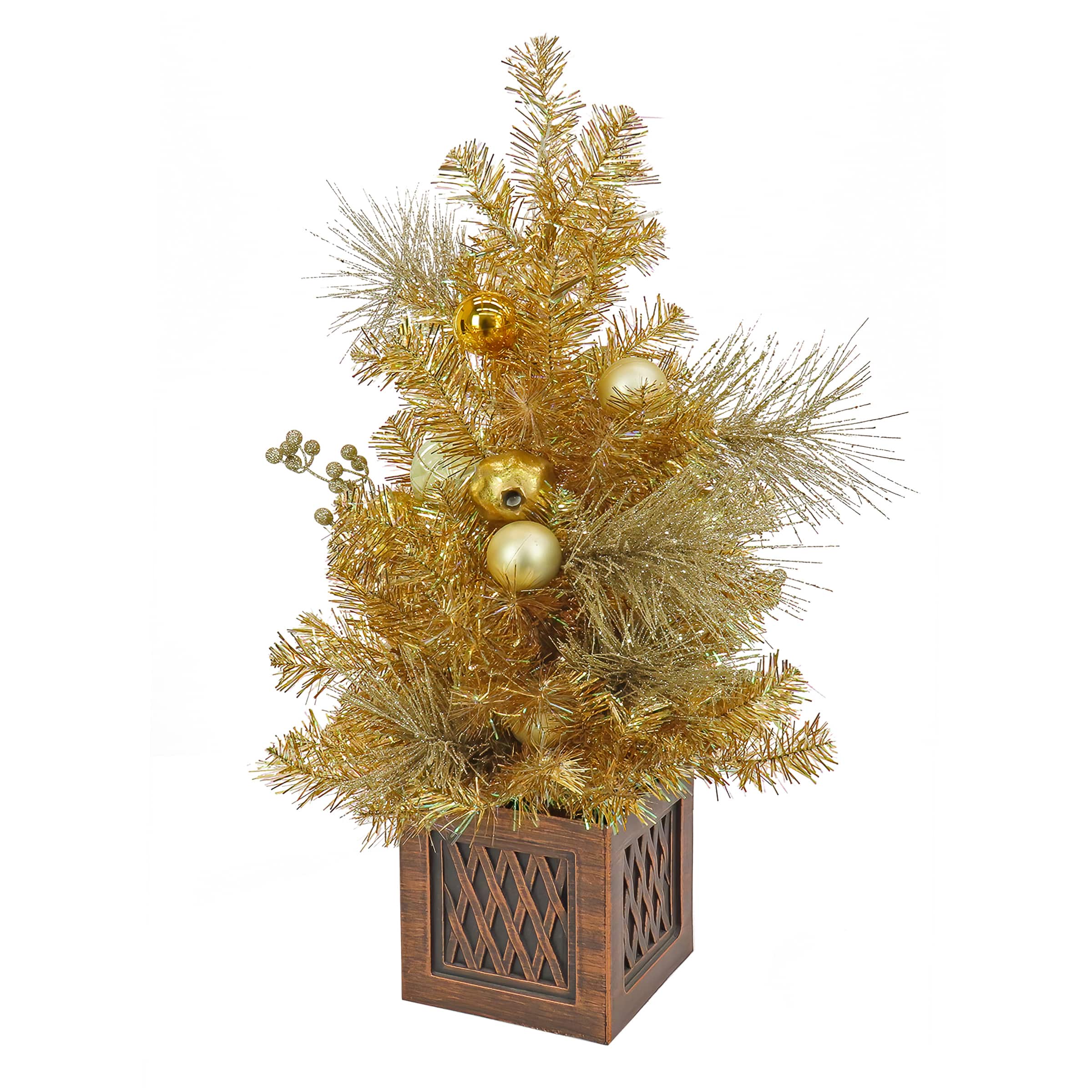 3ft. Pre-Lit Be Merry Gold Artificial Christmas Tree in Lattice Planter, Warm White LED Lights