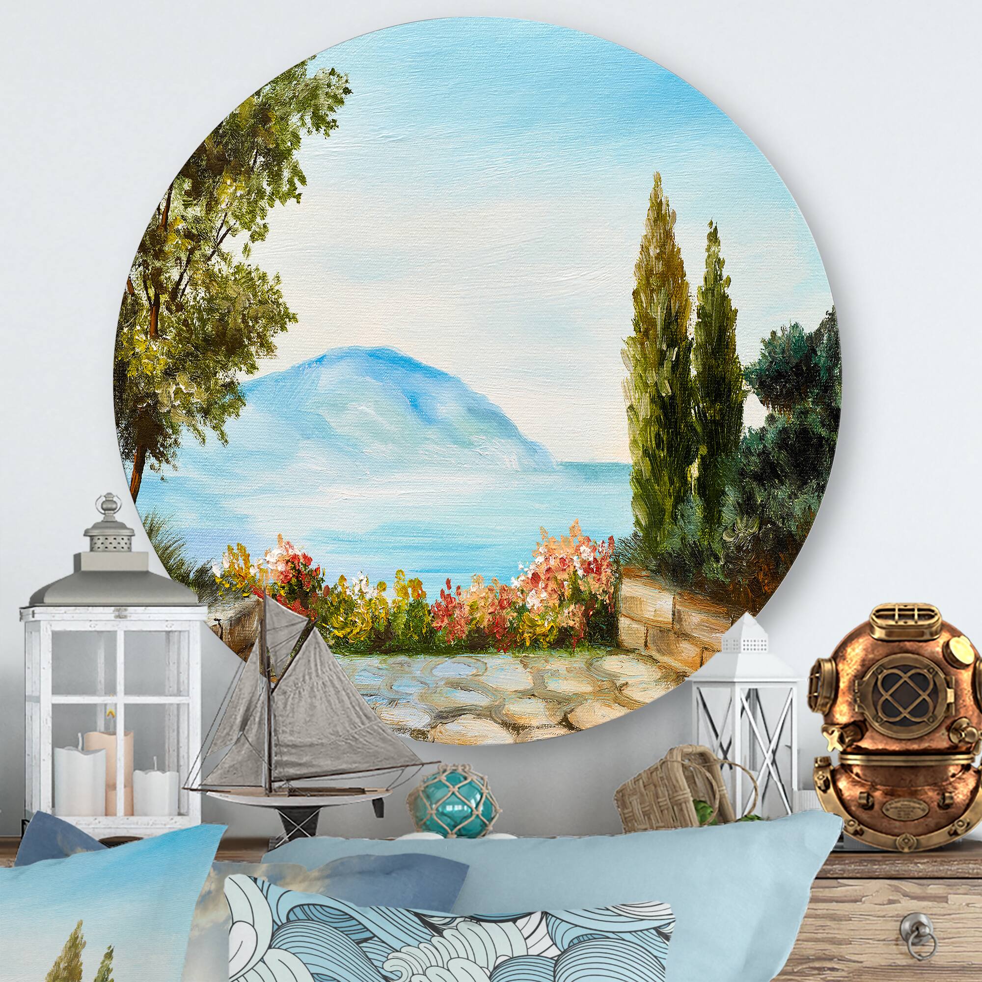 Designart - Mountains View By The Sea Side - Nautical & Coastal Metal Circle Wall Art
