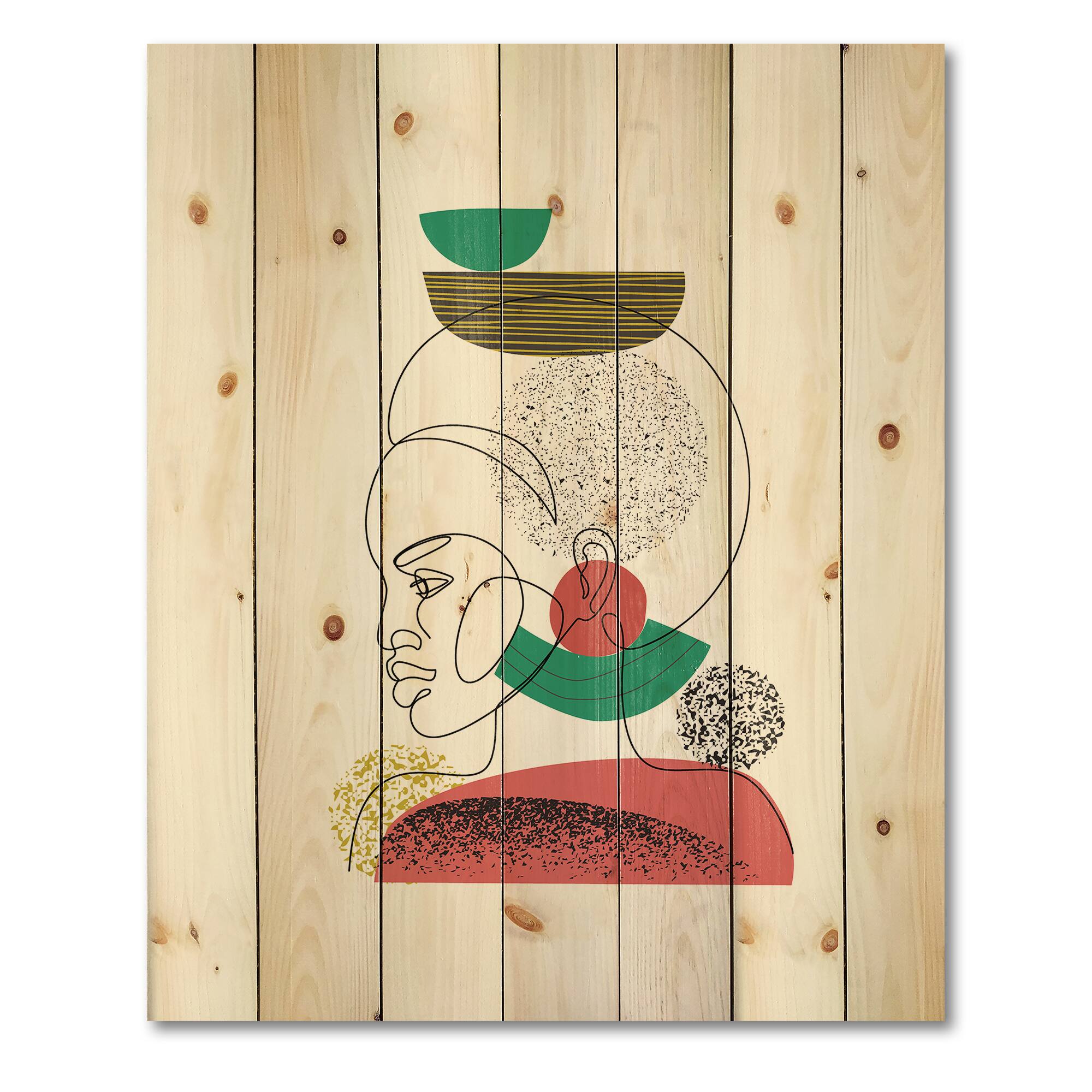 Designart - One Line Portrait of Afro American Women II - Modern Print on Natural Pine Wood