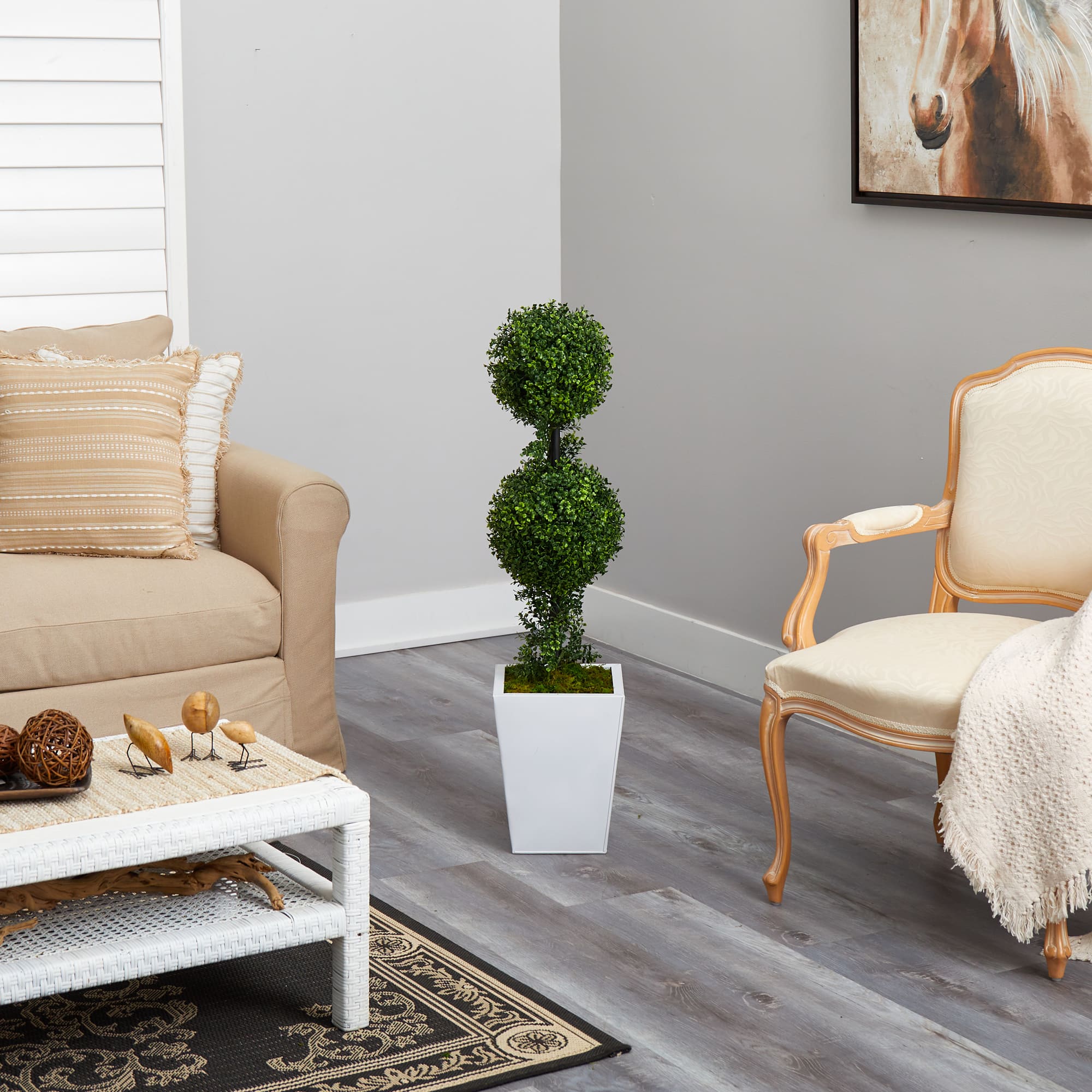 3.5ft. Boxwood Double Ball Topiary Artificial Tree in White Metal Planter(Indoor/Outdoor)