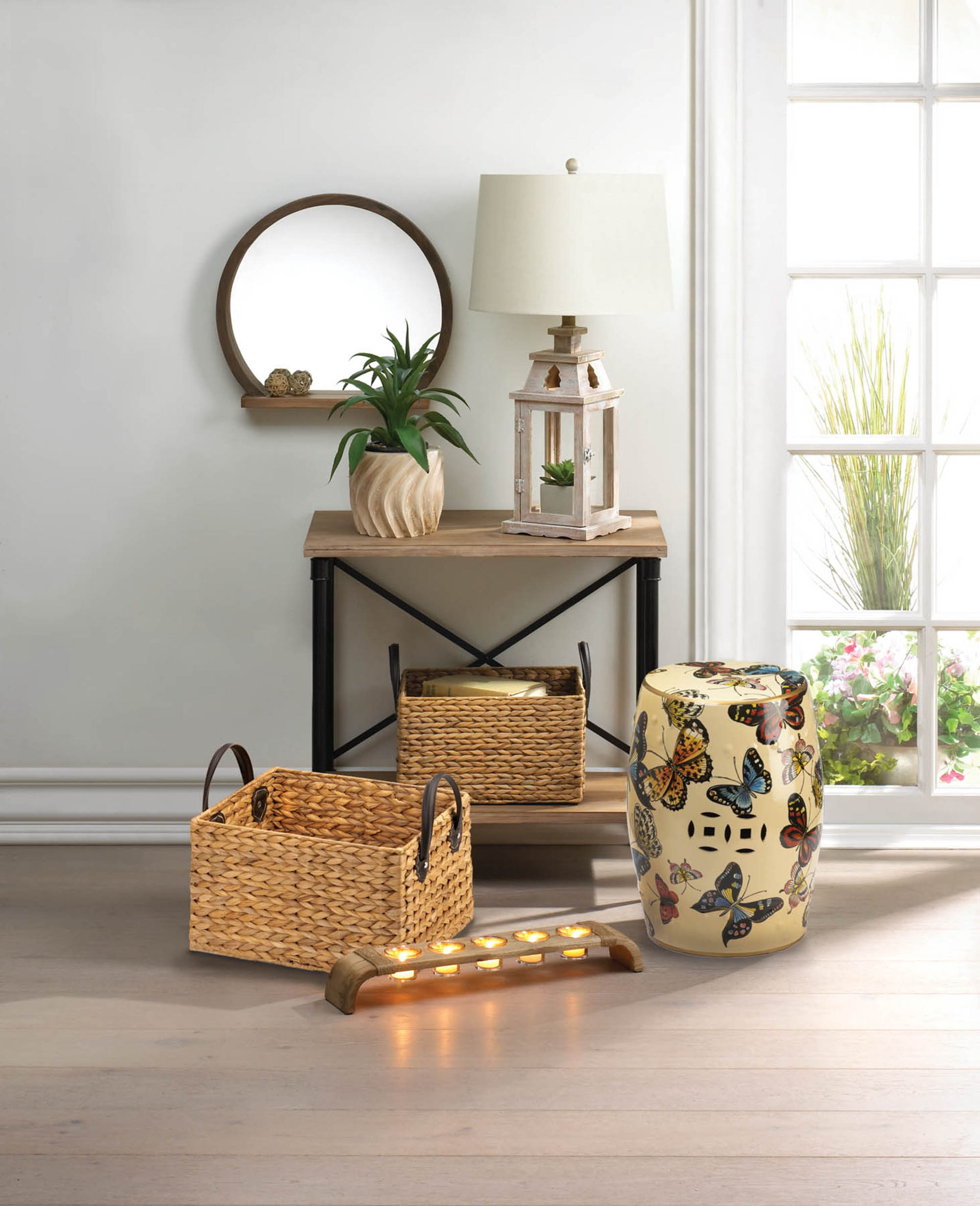 Round Wooden Mirror with Shelf