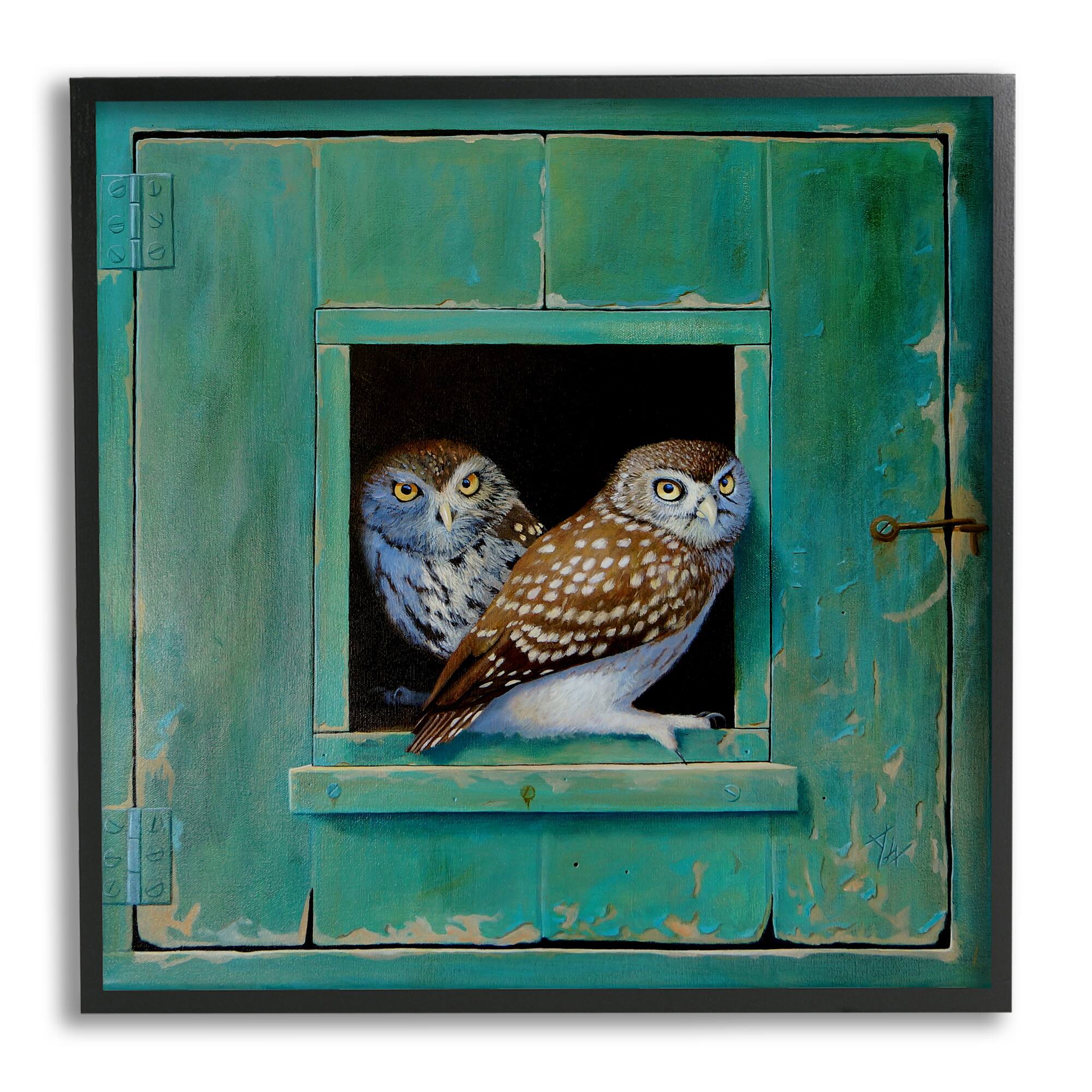 Stupell Industries Spotted Owls Perched Rustic Green Door Ledge Framed Giclee Art