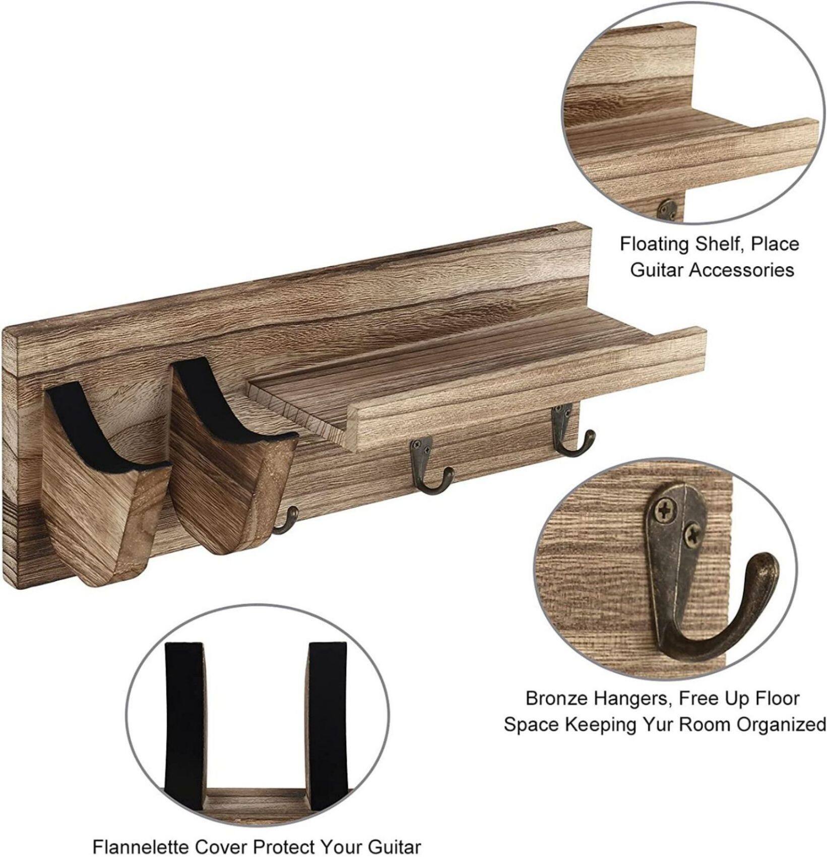 NEX™ Wood Guitar Wall Hanger with Shelf & 3 Hooks