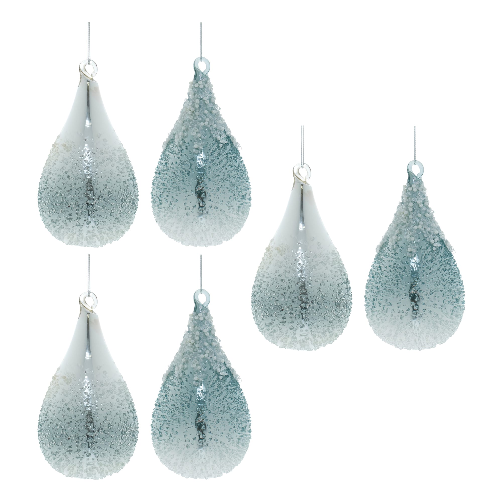 6" Seafoam Beaded Glass Teardrop Ornaments Set