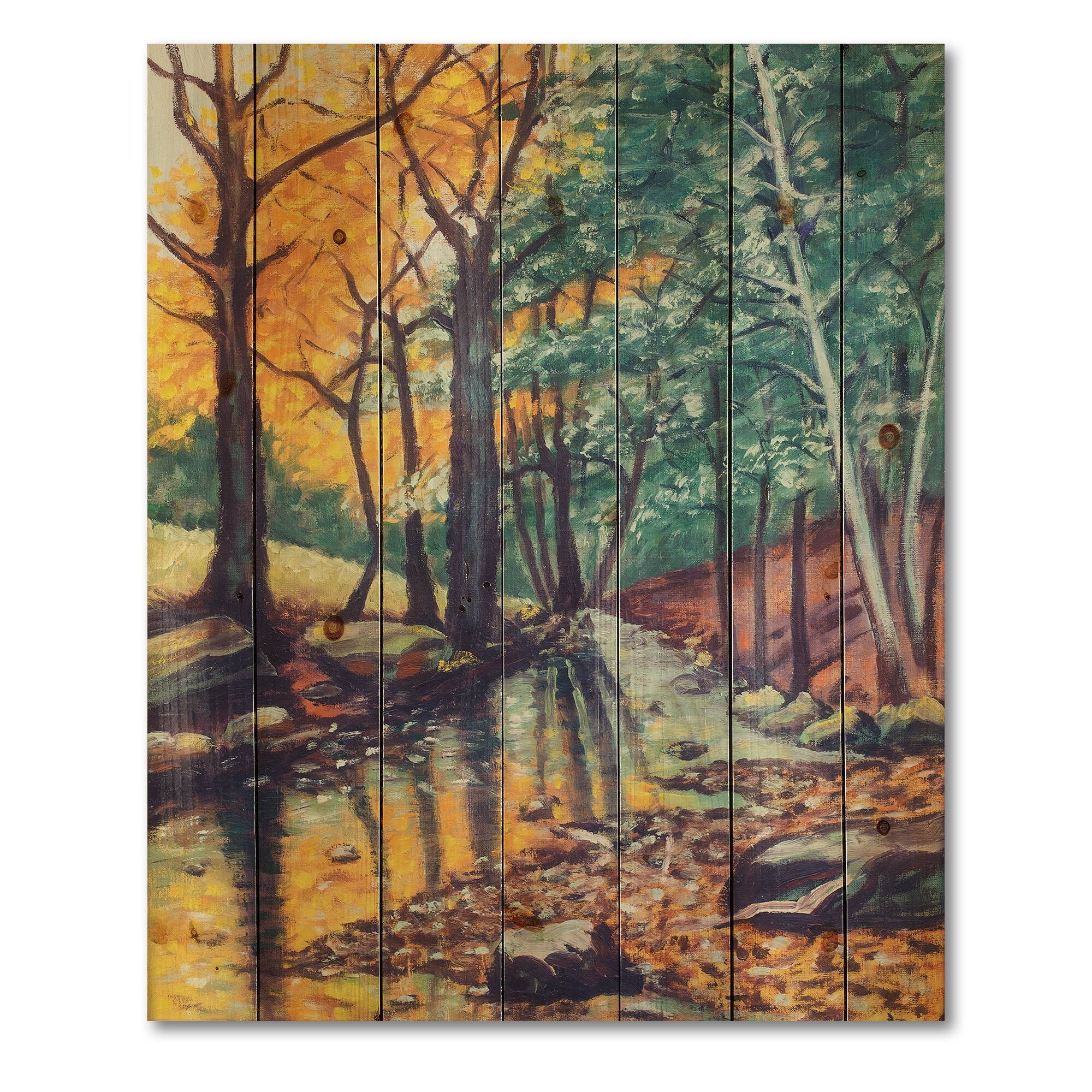 Designart - Landscape With River In Autumn Forest Sunset - Traditional Print on Natural Pine Wood