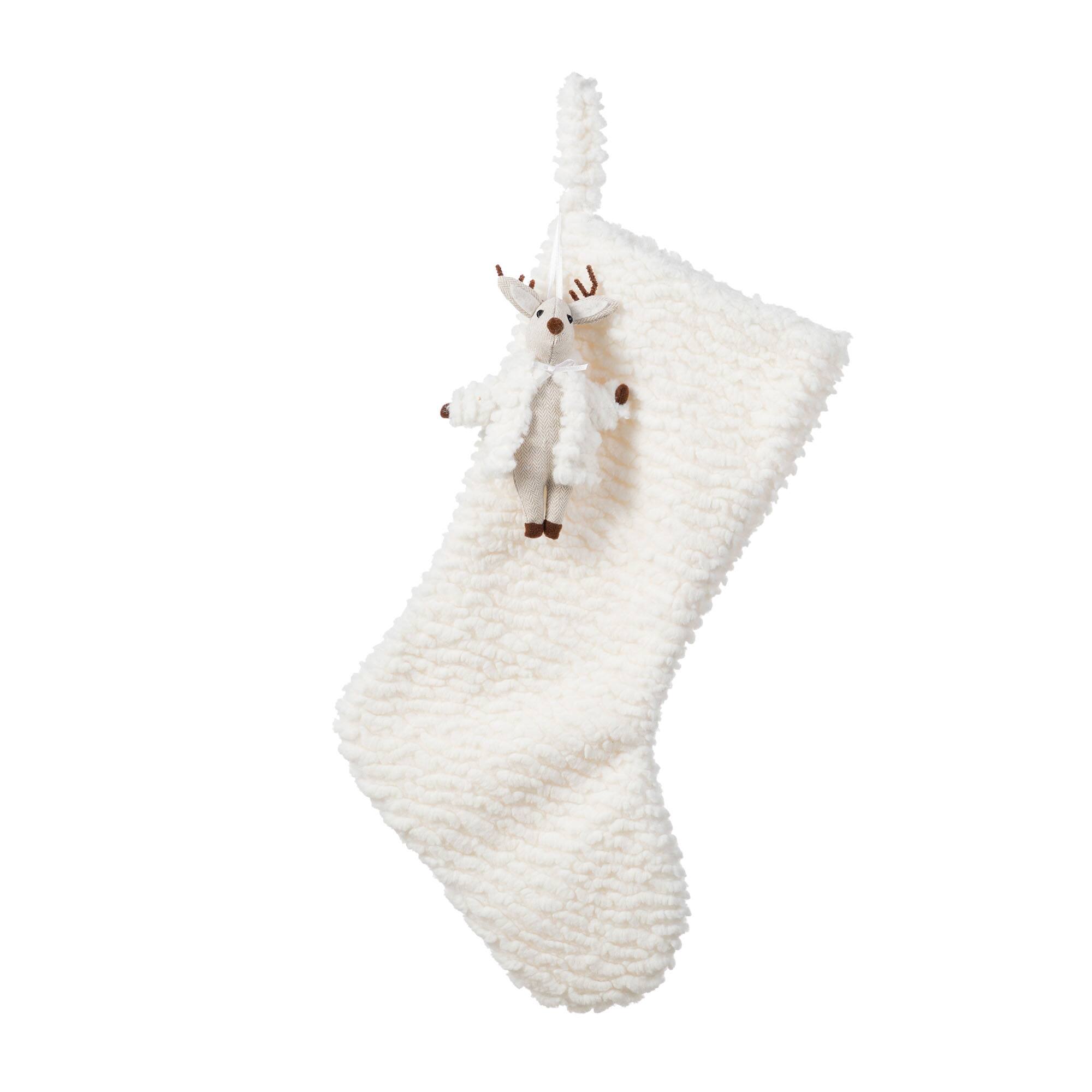 Glitzhome® 21"L White Plush Christmas Stocking with Reindeer Ornament
