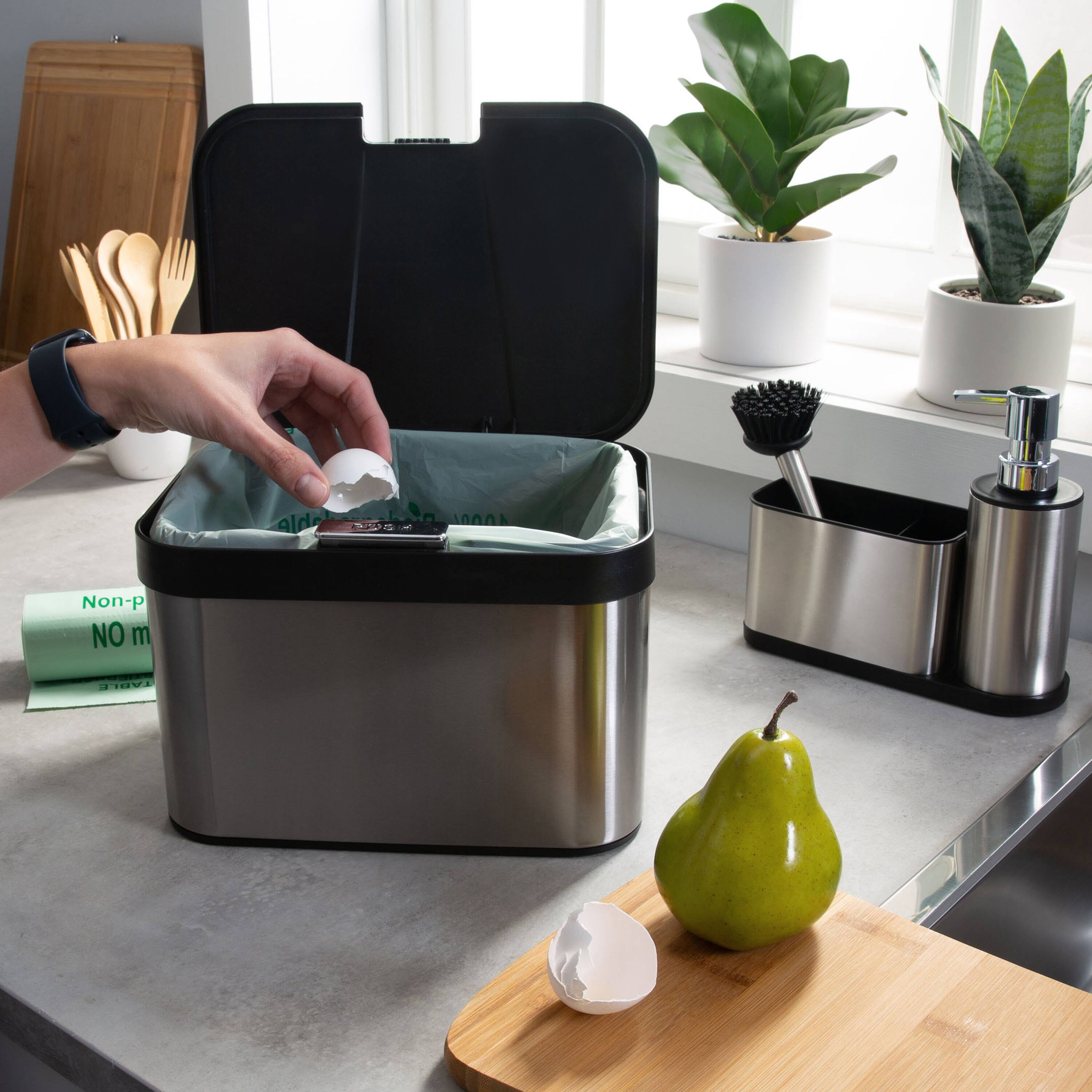 Organize It All Stainless Steel Compost Bin with Bonus Biodegradable Bags, Sink Organizer &#x26; Scrub Brush