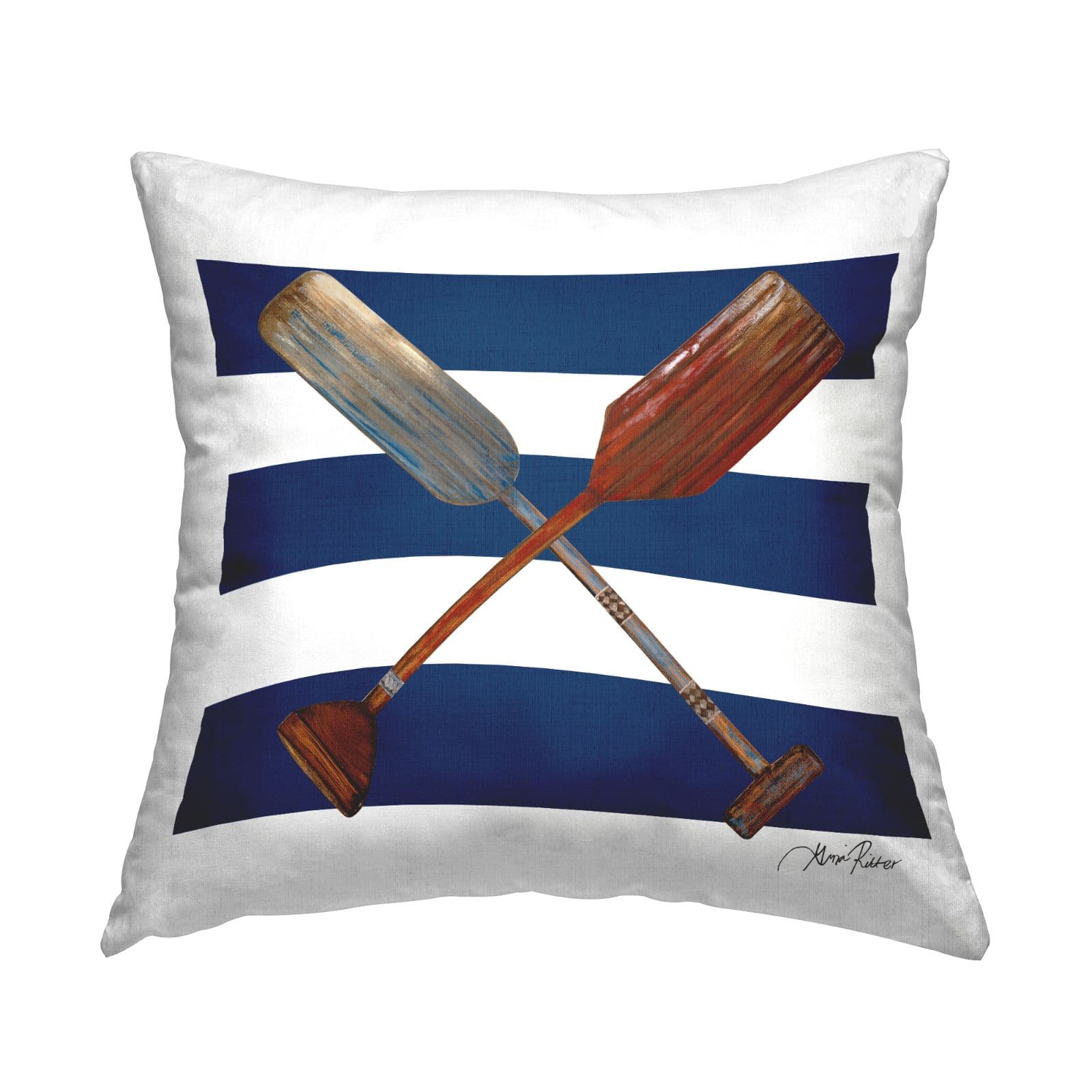 Stupell Industries Nautical Crossed Oars Wide Blue Stripes Throw Pillow 18" x 18"