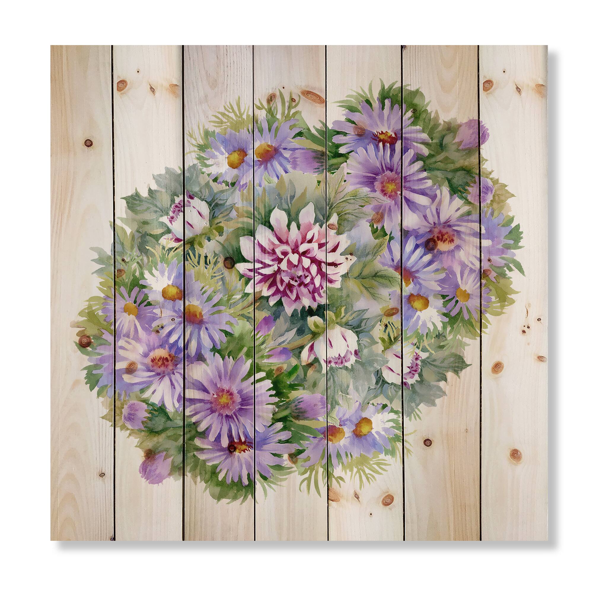 Designart - Bouquet With Purple Chrysanthemums and Daisies - Traditional Print on Natural Pine Wood