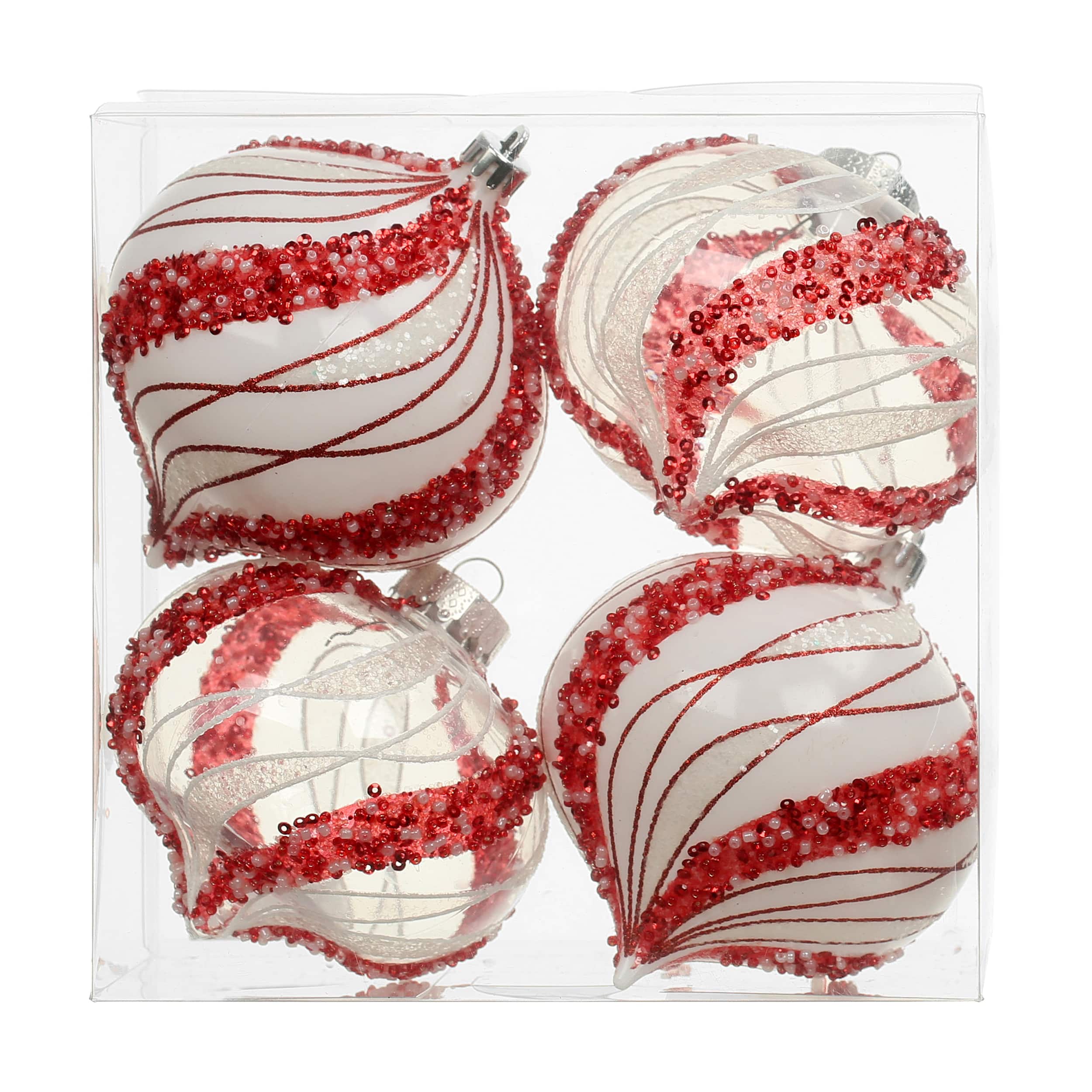 4 Pack 4.7&#x22; Red &#x26; White Beaded Wavy Stripes Shatterproof Onion Ornaments by Ashland&#xAE;
