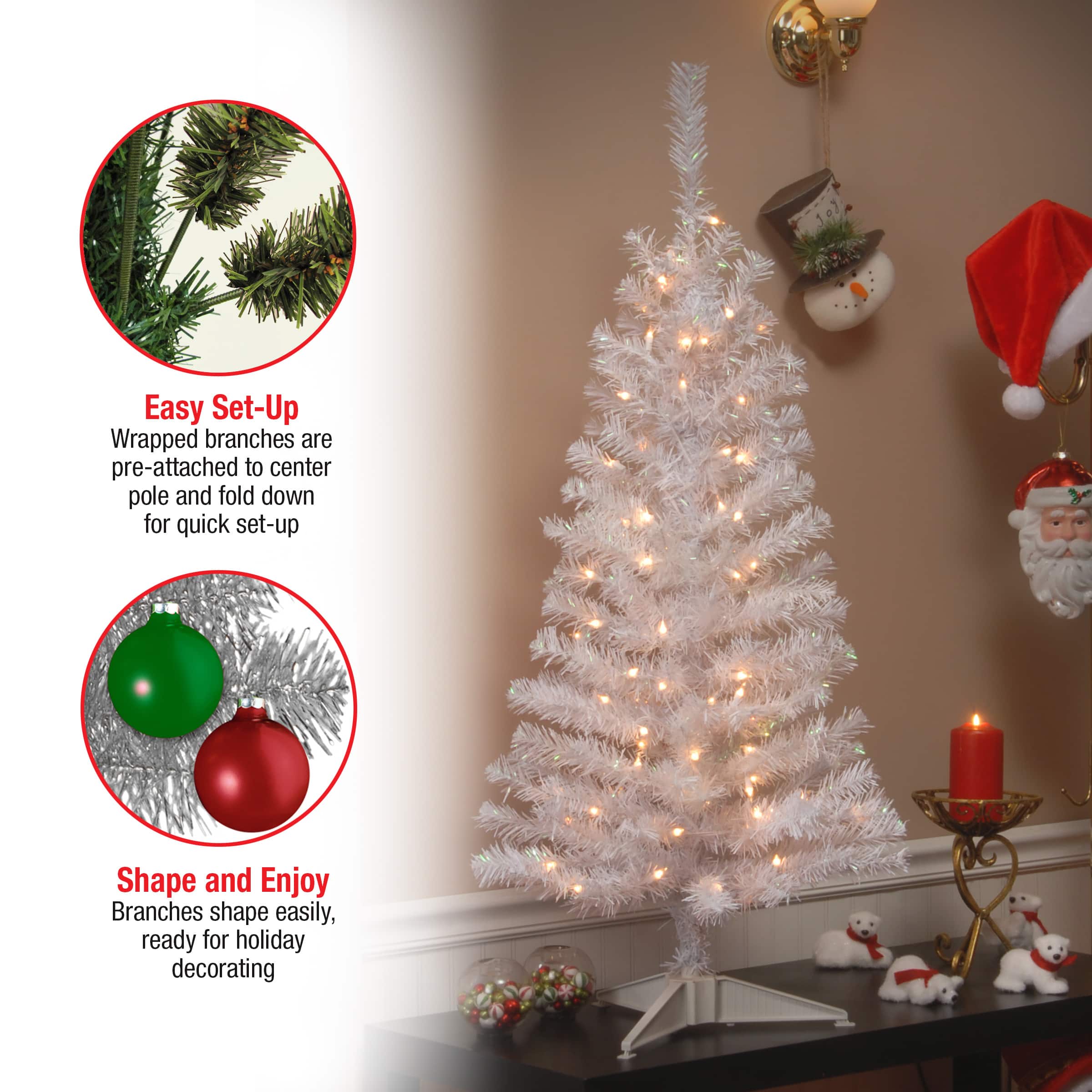 4ft. Pre-Lit White Iridescent Tinsel Artificial Christmas Tree, Clear Lights