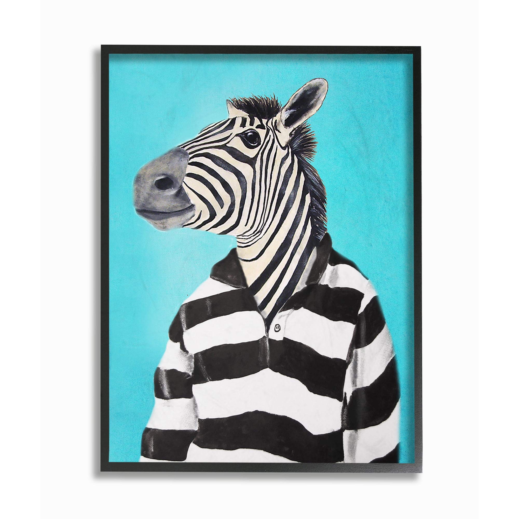 Stupell Industries Zebra In A Striped Shirt Portrait in Black Frame Wall Art in Blue | 24" x 30" | Michaels&reg;