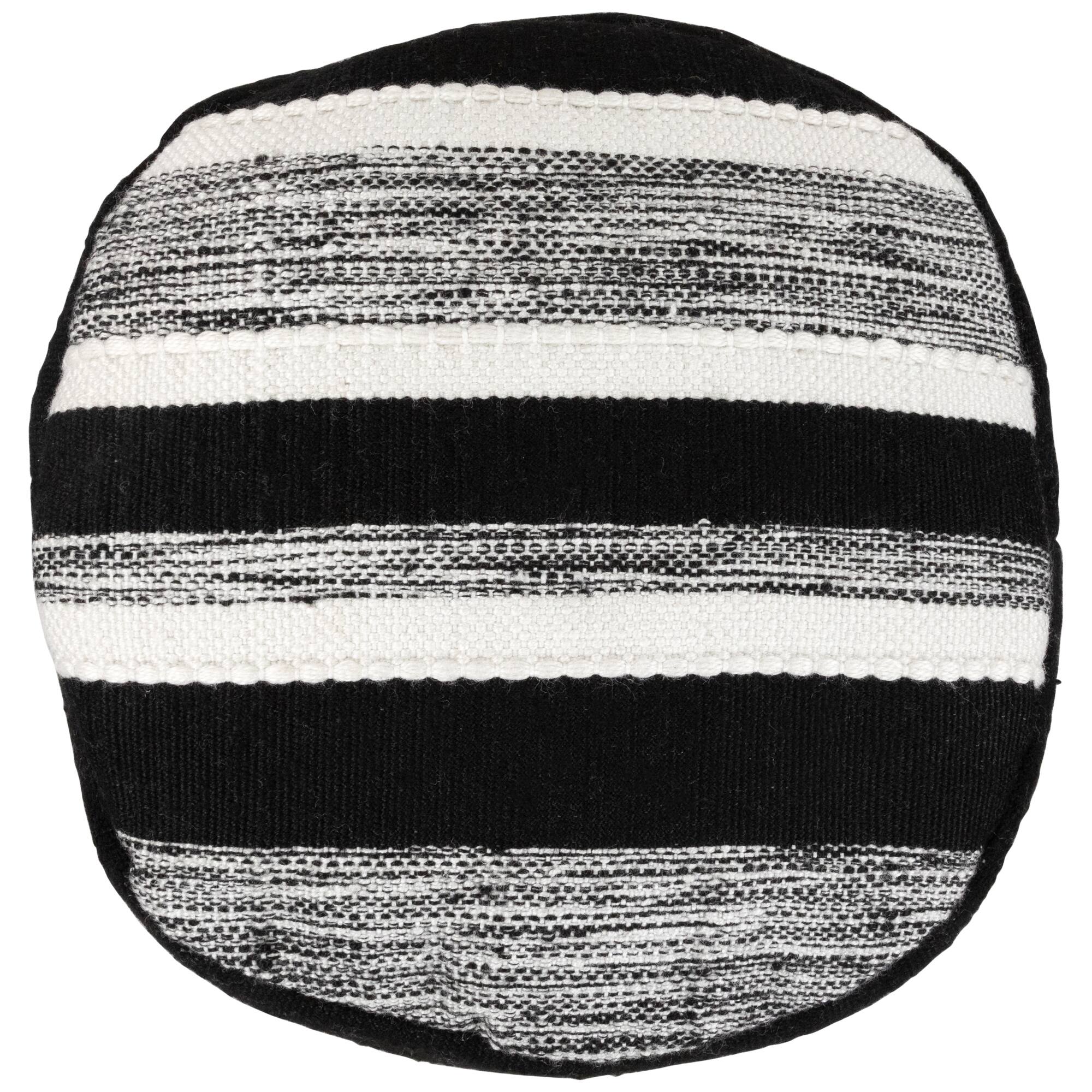 18&#x22; Black &#x26; White Woven Stripes Outdoor Pouf Ottoman