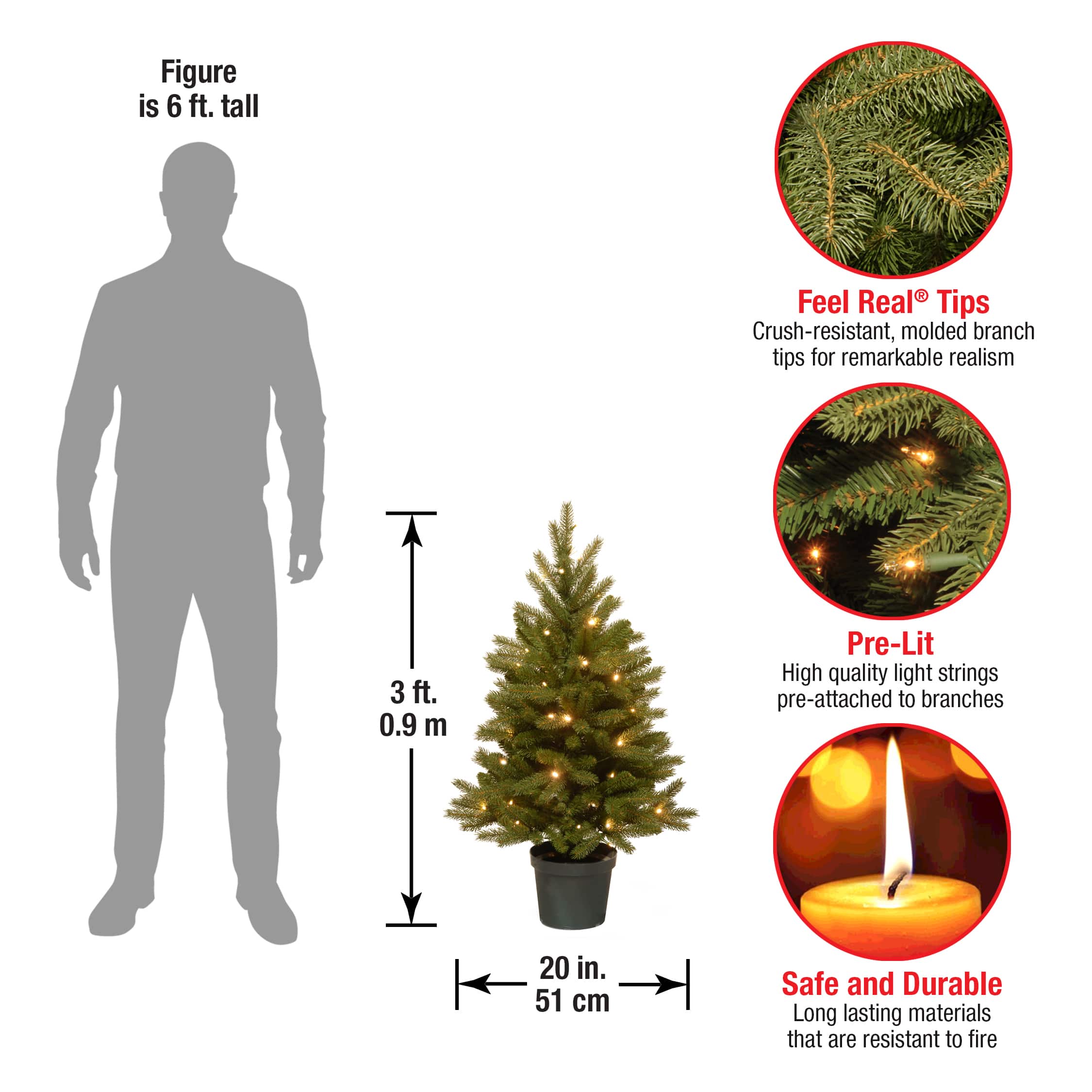 4 ft. Pre-Lit Feel Real® Jersey Fraser Fir Artificial Christmas Tree In Growers Pot, Warm White LED Lights