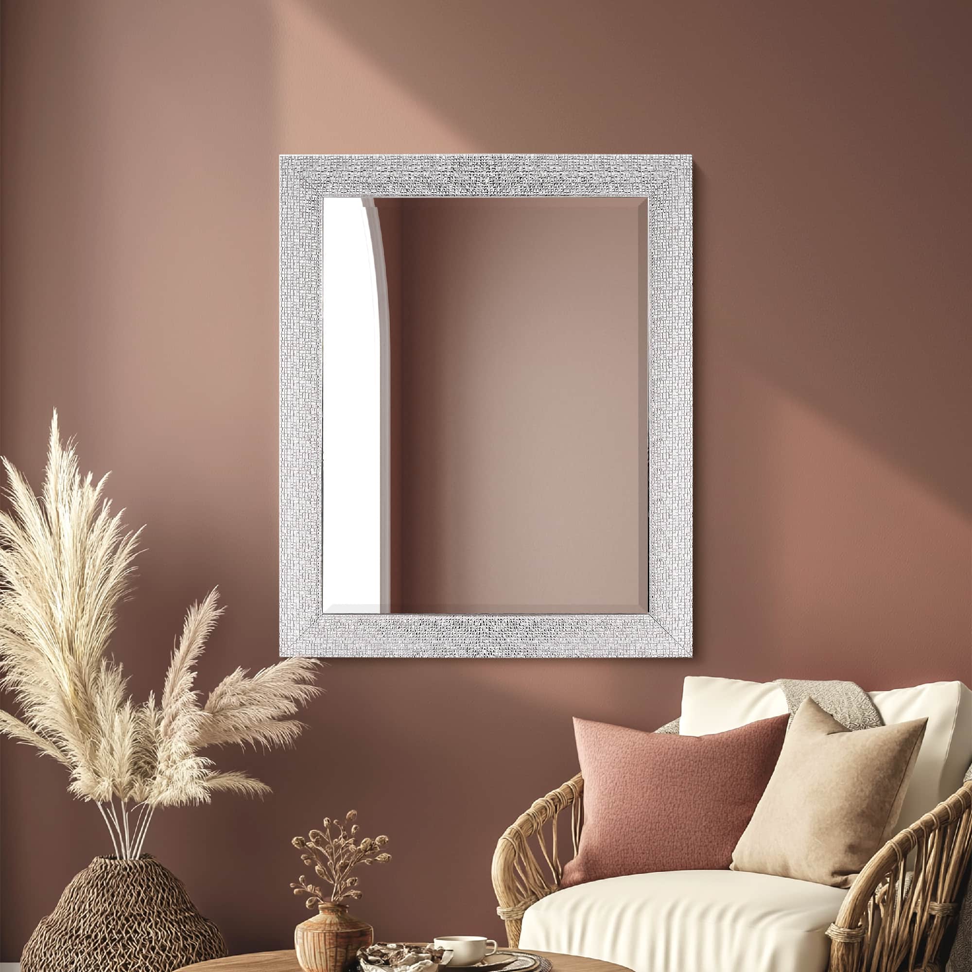 Head West Micro Square Tiled White & Chrome Beveled 27.5" x 33.5" Framed Accent Vanity Mirror
