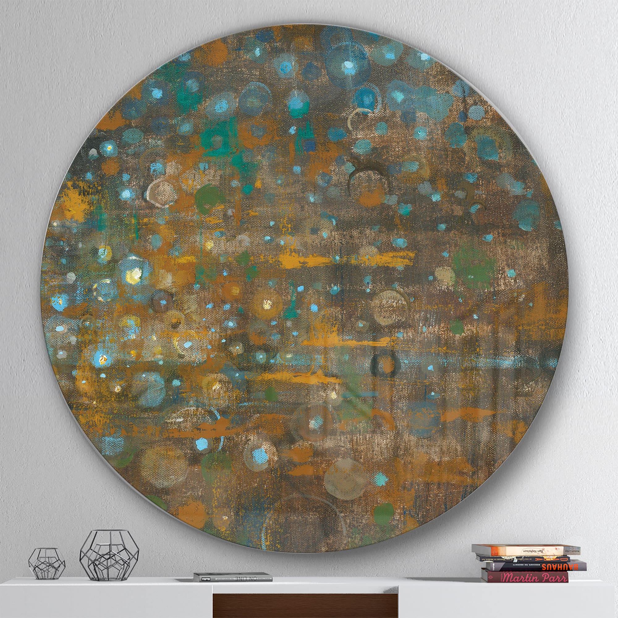 Designart - Blue and Bronze Dots on Glass IV - Geometric Metal Circle Wall Art