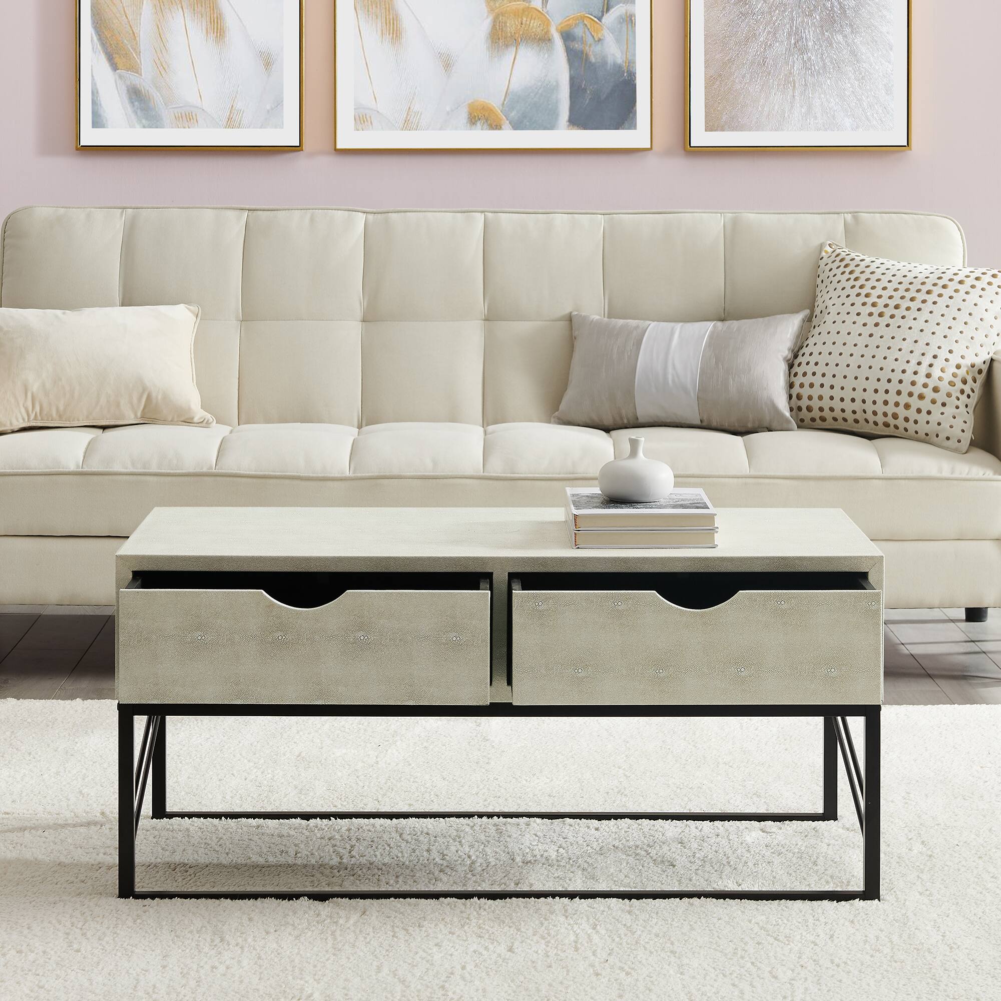 Off White 2-Drawer Faux Shagreen Coffee Table