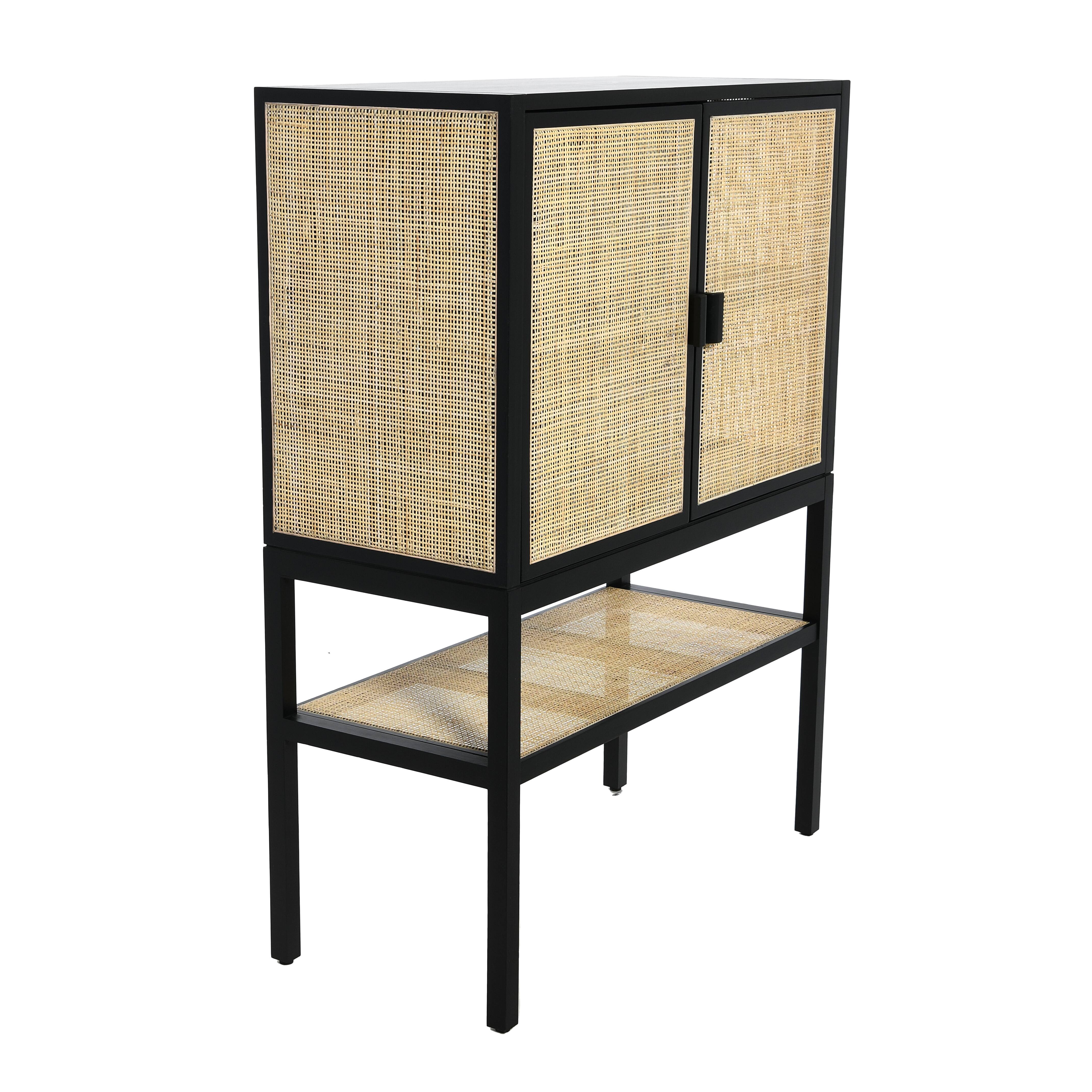 47&#x22; Boho Woven Rattan and Wood Cabinet with Doors, Shelf, and Interior Storage Compartments