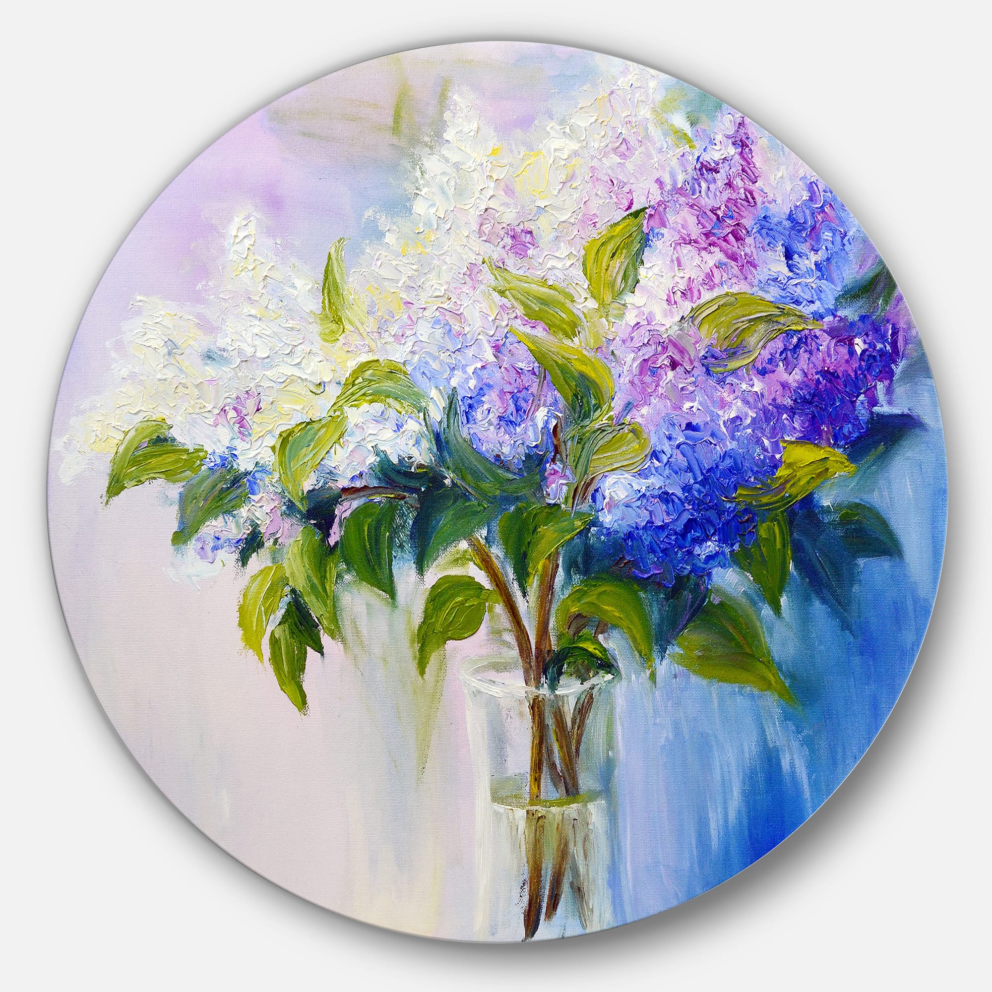 Designart - Blue and White Lilacs in Vase' Ultra Glossy Floral Metal Circle Wall Art