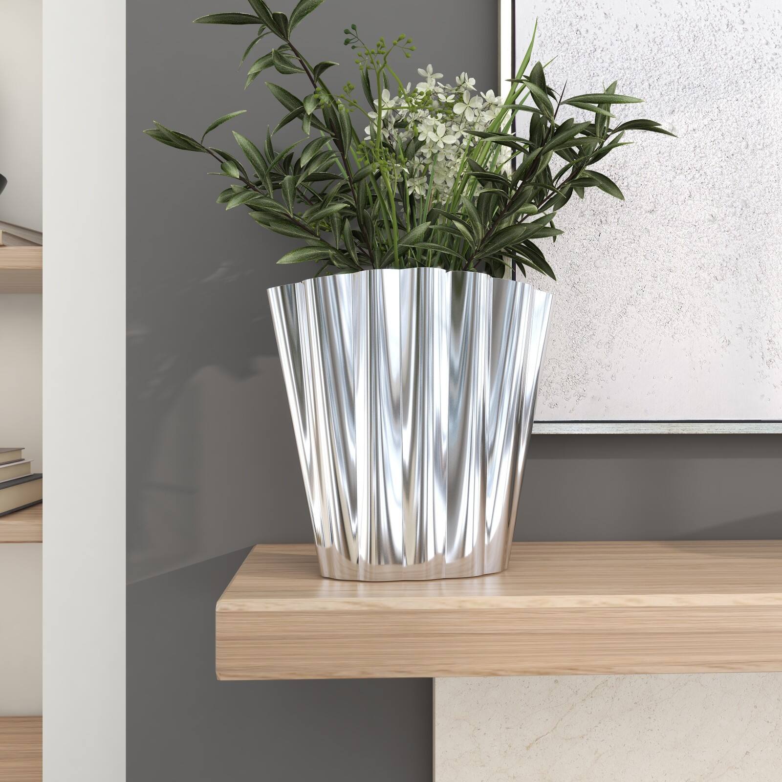 15&#x22; Silver Stainless Steel Vase with Zig Zag Edging