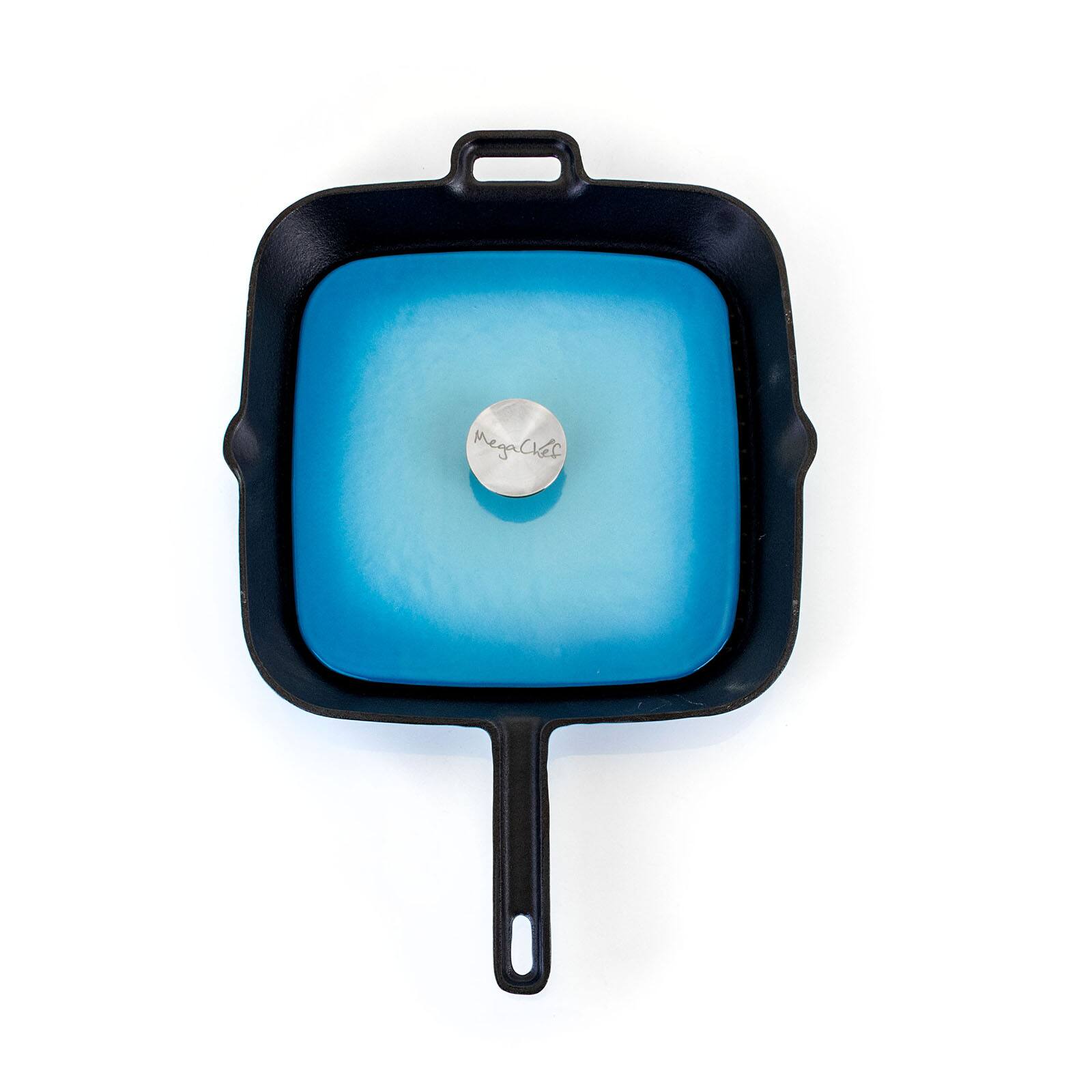 MegaChef 11" Square Blue Enamel Cast Iron Grill Pan with Matching Grill Press