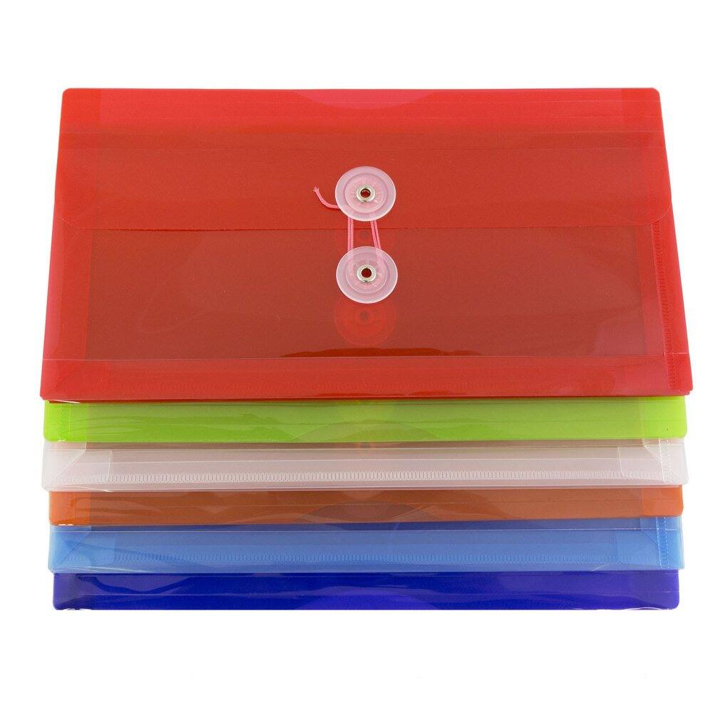 JAM Paper 5.25" x 10" Assorted Button & String Tie Closure Plastic Envelopes, 6ct.
